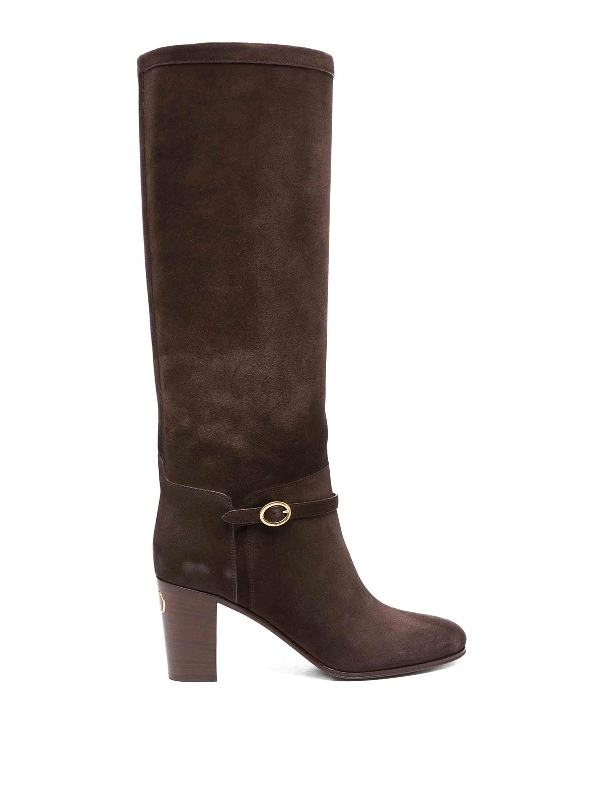 Valentino Knee-high Suede Boots With Leather Block Heel In Brown