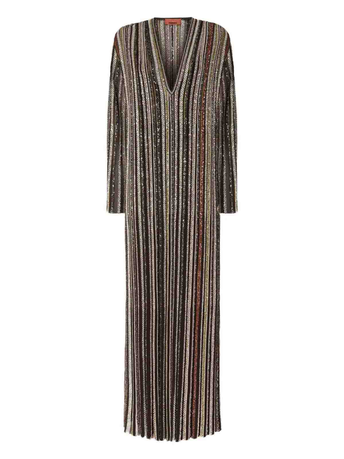 Missoni Long Dress With V-neck And Herringbone Stripe Knit In Multi