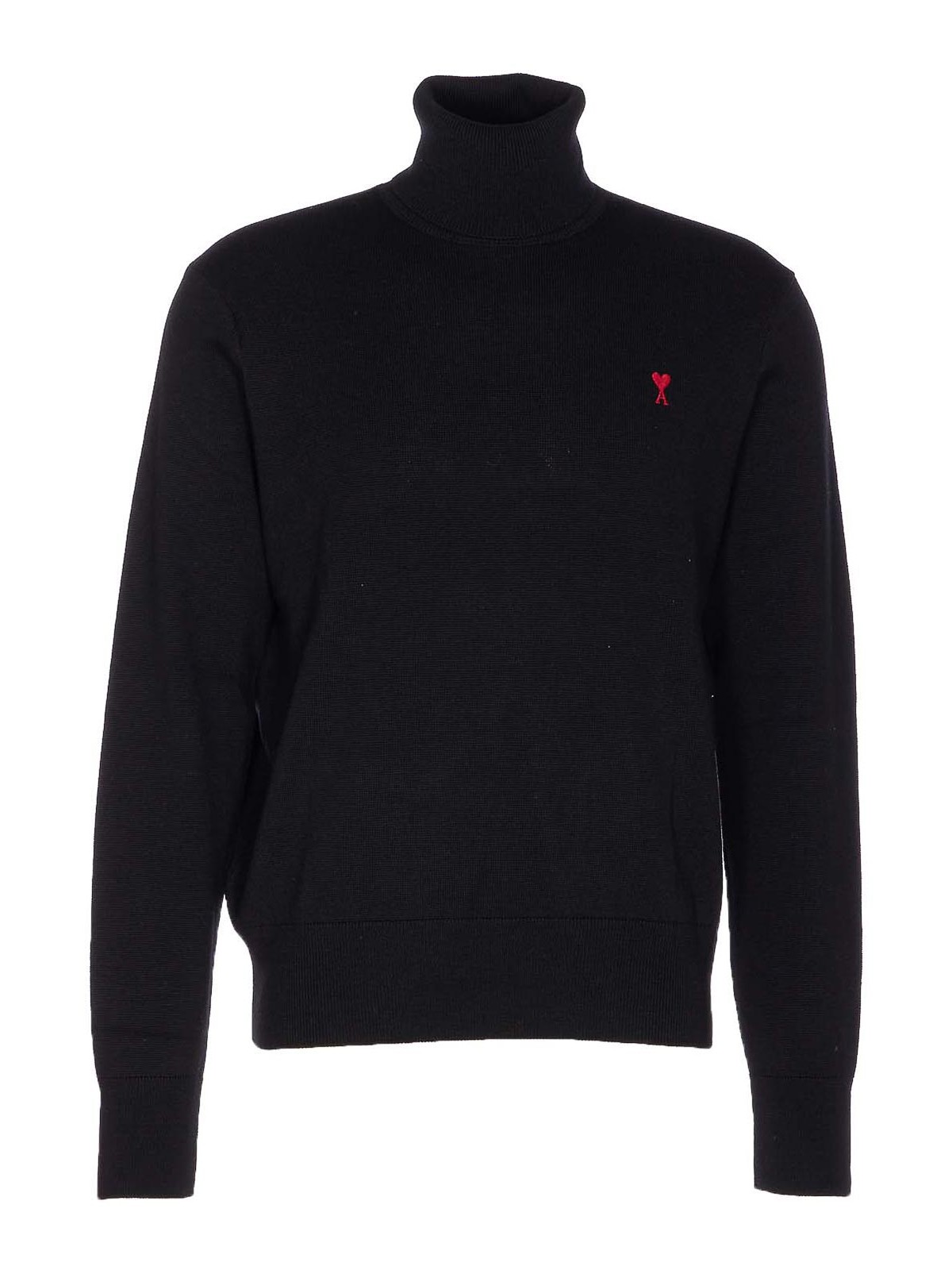 Ami Alexandre Mattiussi Merino Wool Black Turtleneck Sweater With Heart Logo In Black