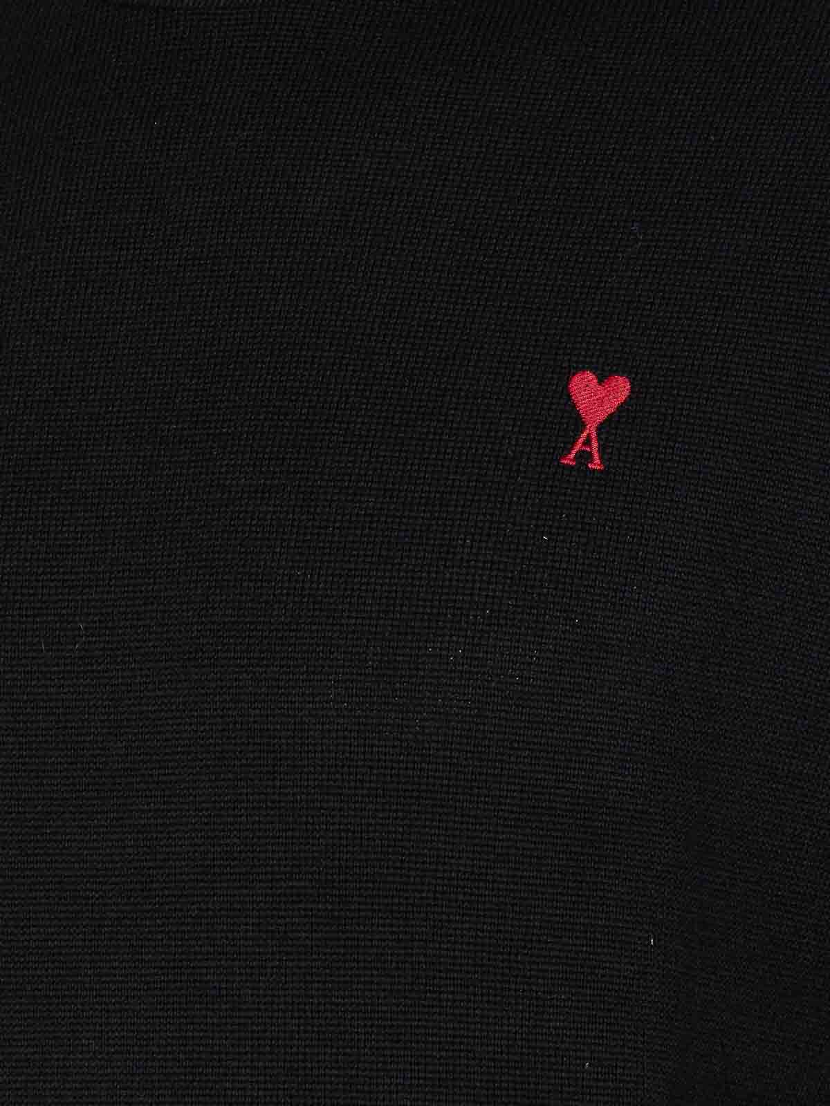 Ami Alexandre Mattiussi Merino Wool Black Turtleneck Sweater With Heart Logo In Black