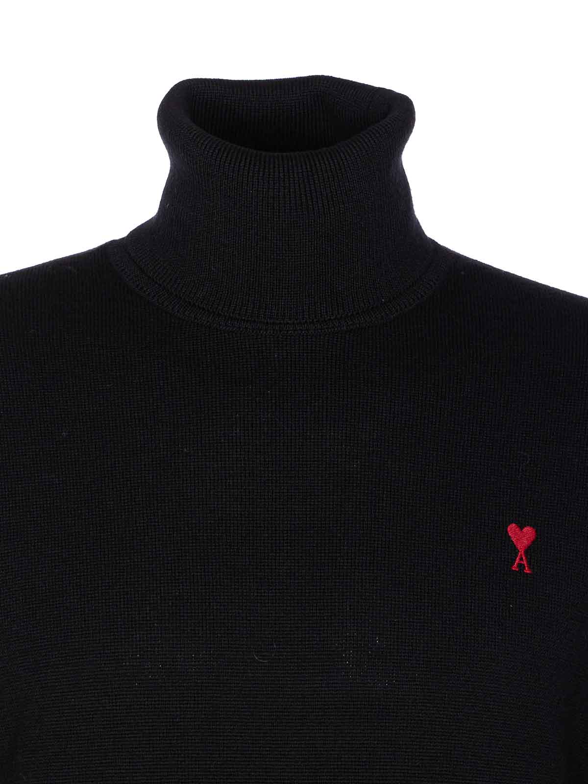 Ami Alexandre Mattiussi Merino Wool Black Turtleneck Sweater With Heart Logo In Black