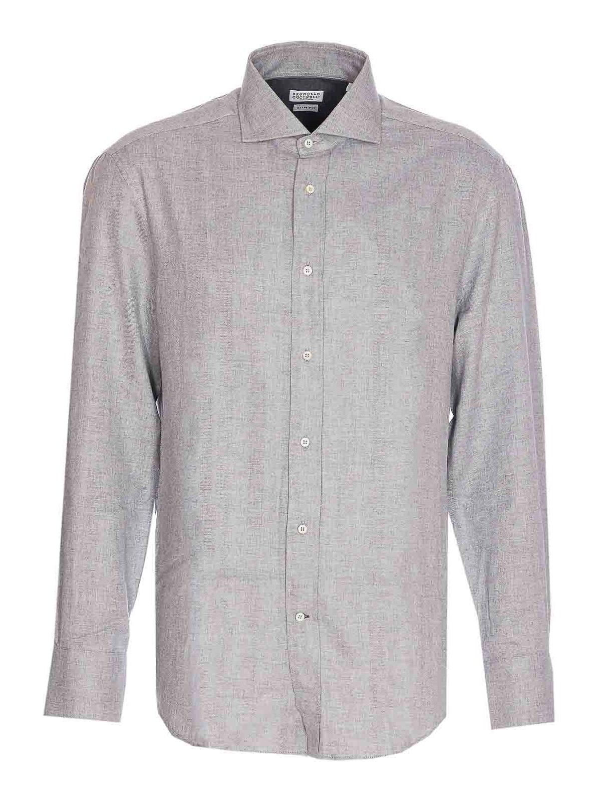 Brunello Cucinelli Chevron Motif Flannel Shirt With Button-down Collar In Gray