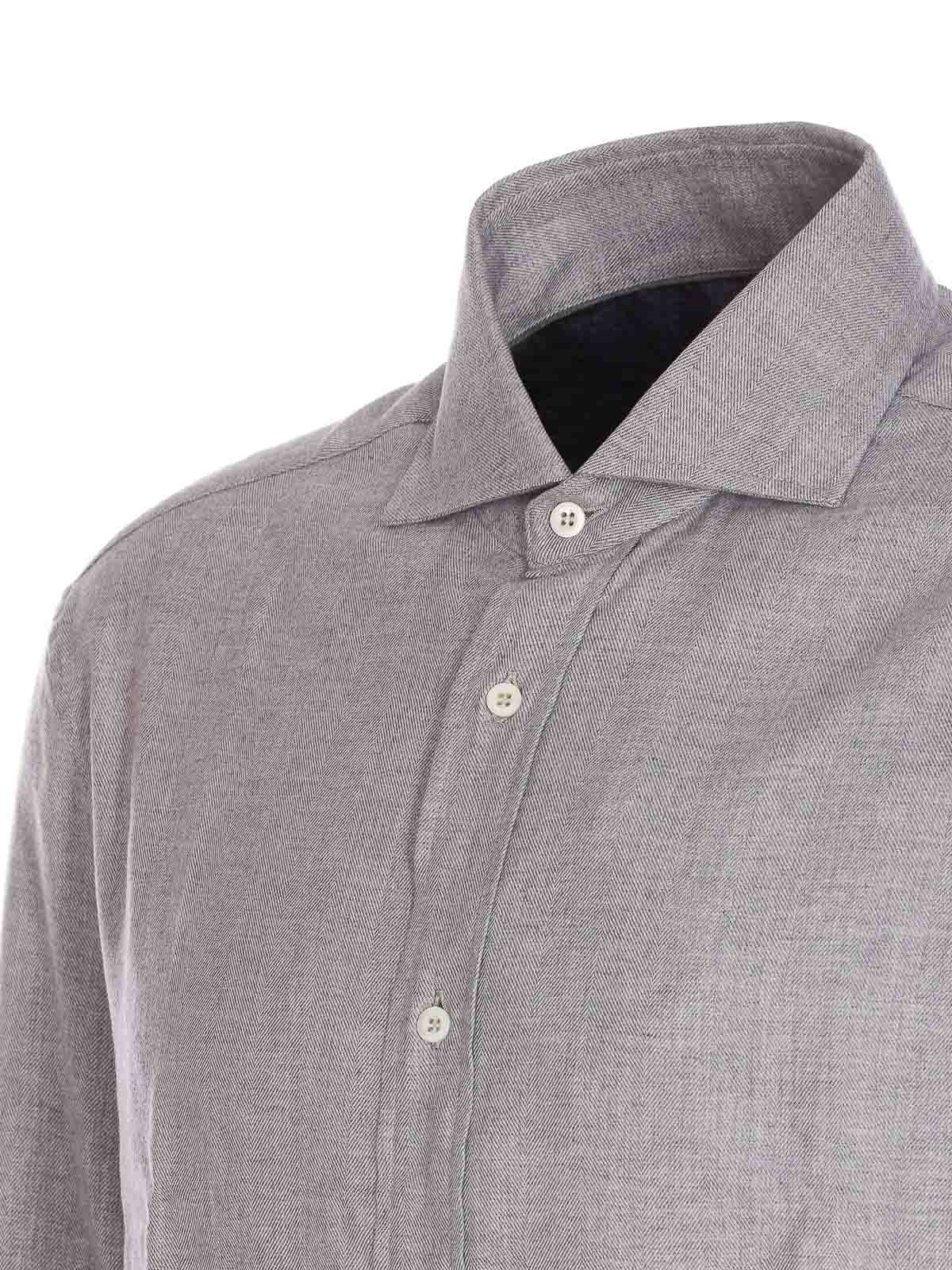 Brunello Cucinelli Chevron Motif Flannel Shirt With Button-down Collar In Gray