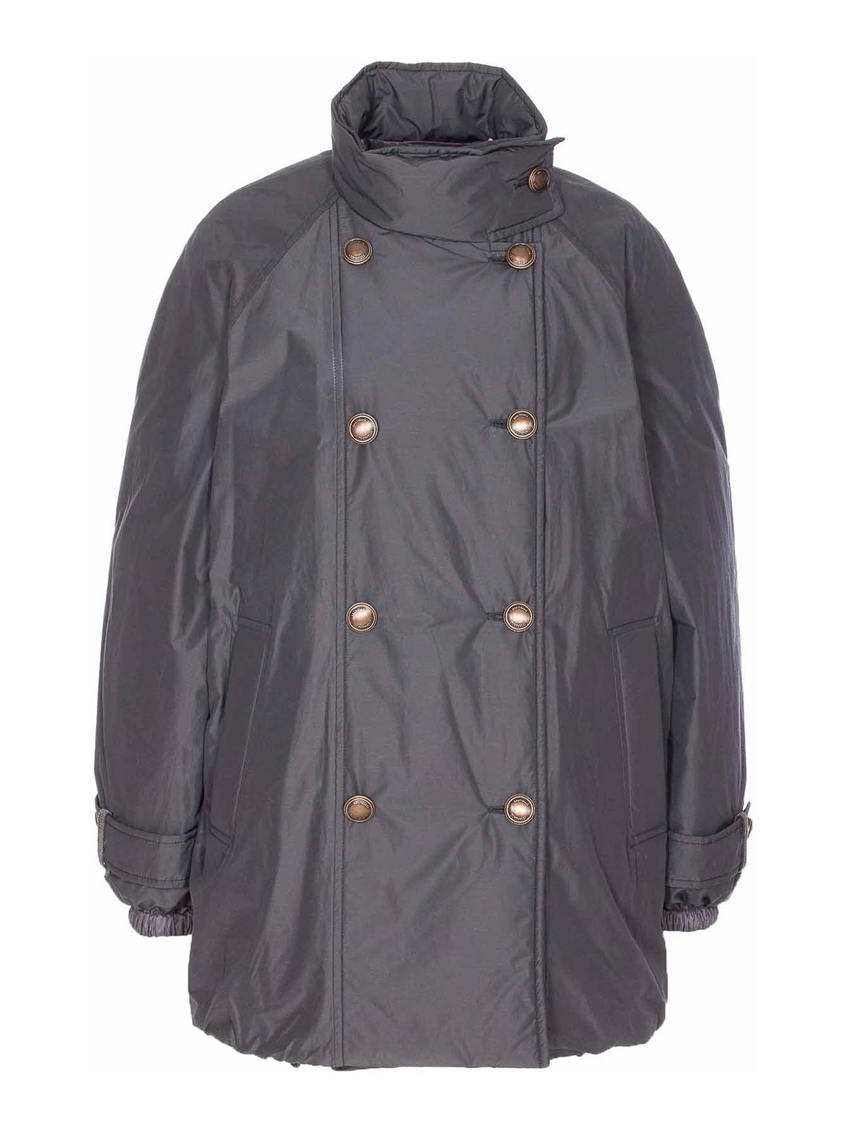 Brunello Cucinelli Double-breasted High Neck Down Jacket In Gray