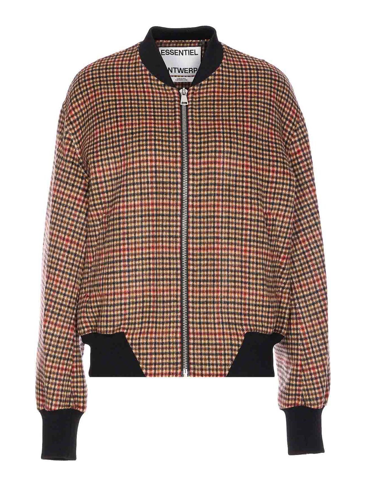 Essentiel Antwerp Multicolor Check Jacket Frontal Zip Closure In Brown