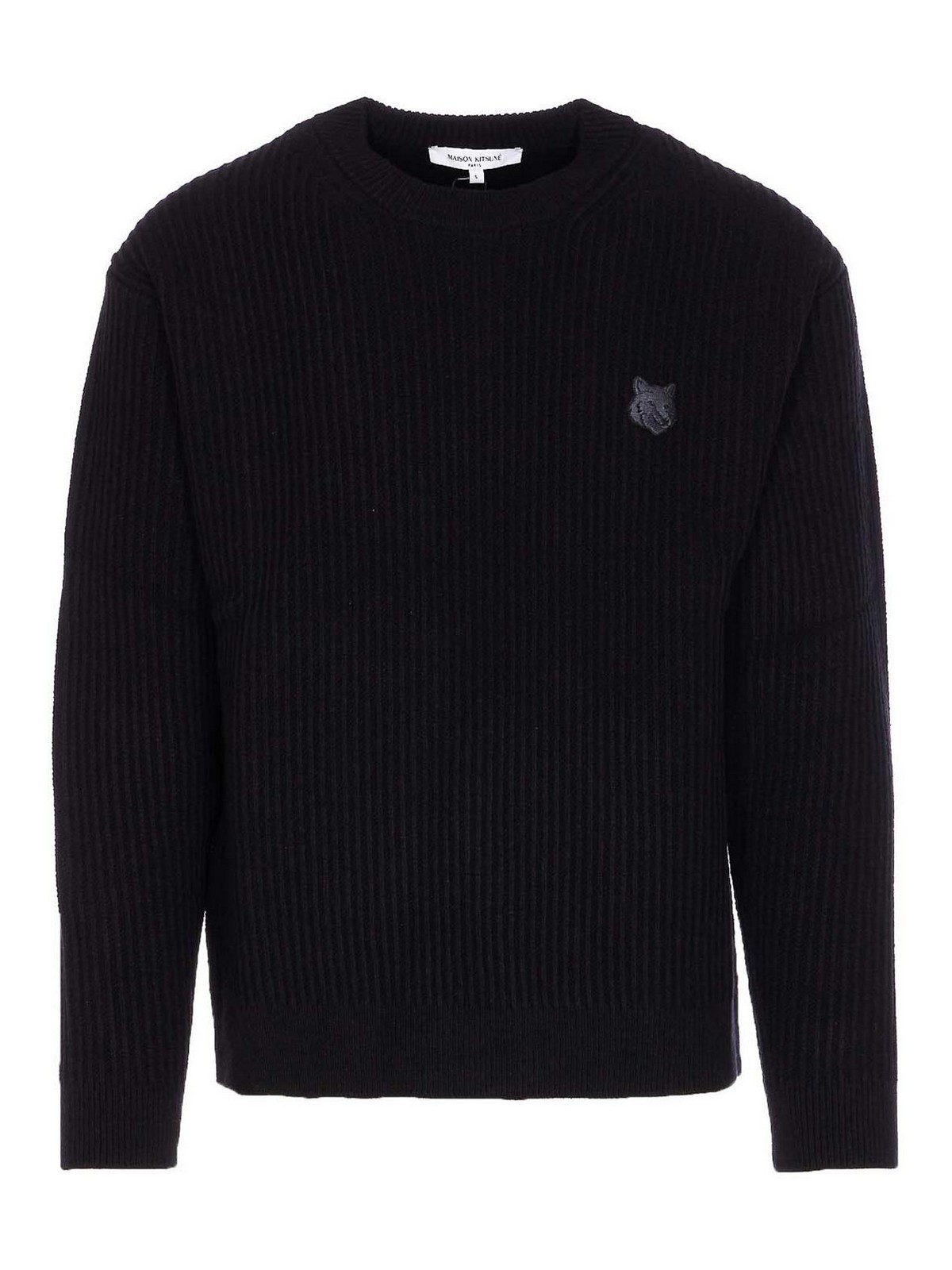 Maison Kitsuné Ribbed Knit Sweater With Cropped Fit And Embroidered Emblem In Black