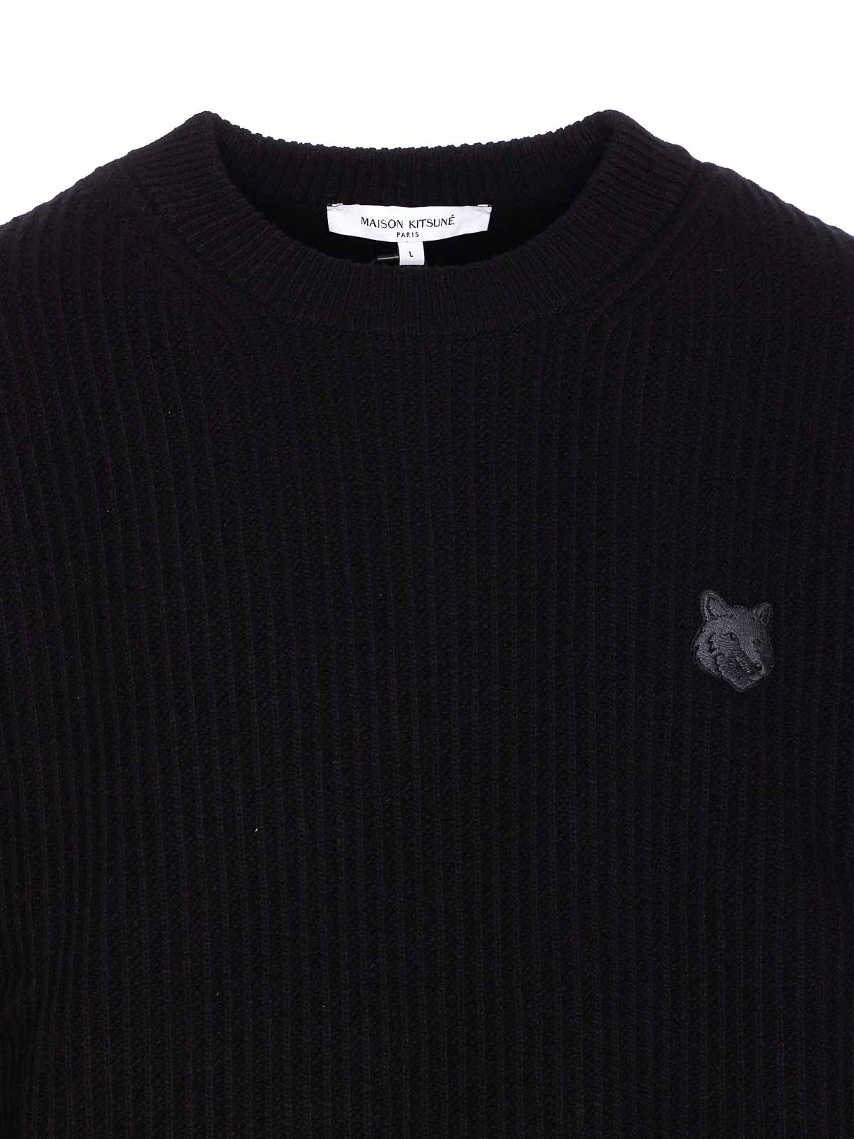 Maison Kitsuné Ribbed Knit Sweater With Cropped Fit And Embroidered Emblem In Black