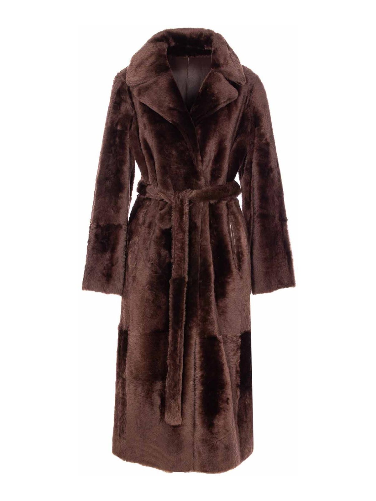 Yves Salomon Belted Faux Fur Long Coat With Pockets In Brown