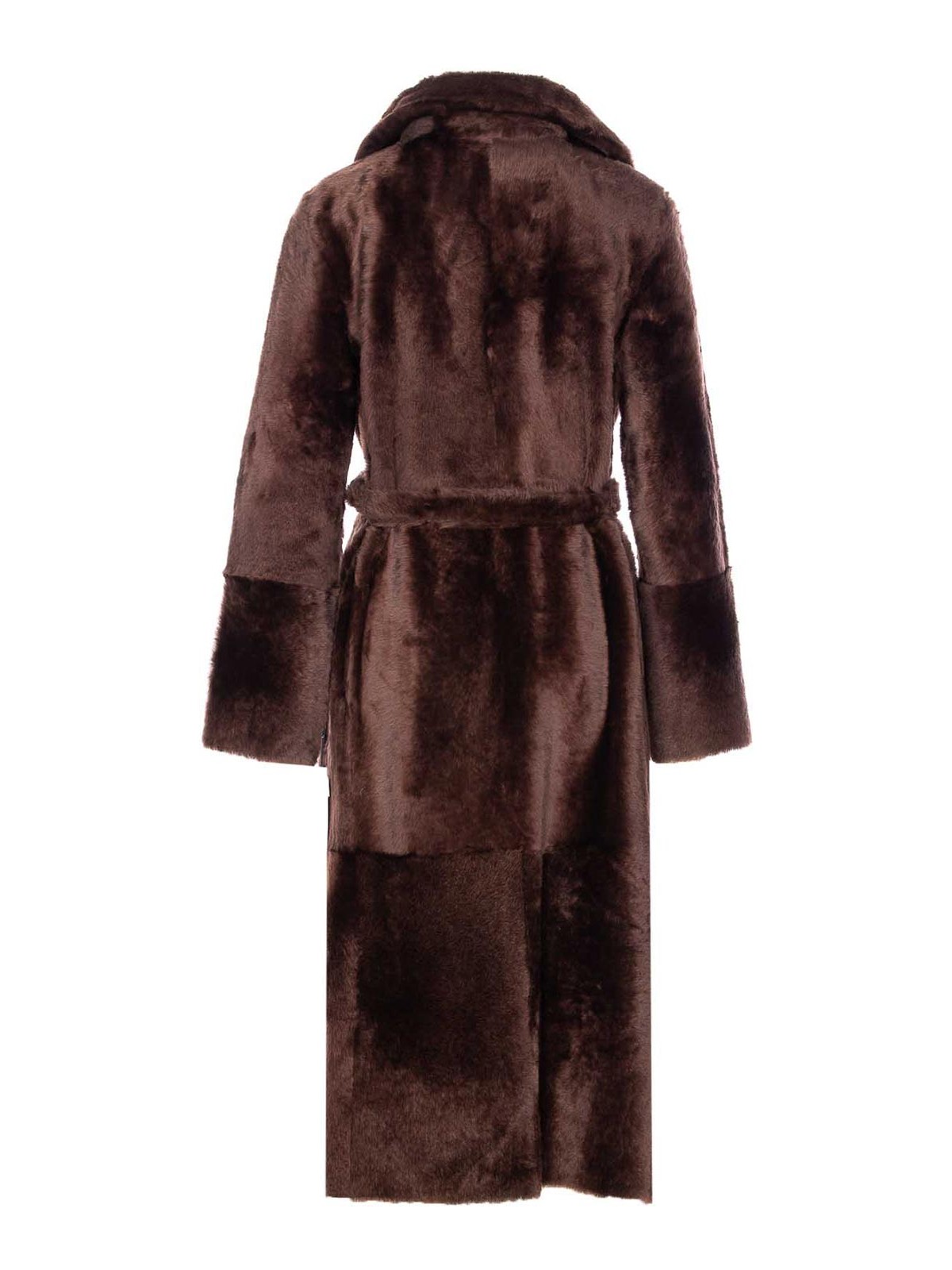 Yves Salomon Belted Faux Fur Long Coat With Pockets In Brown