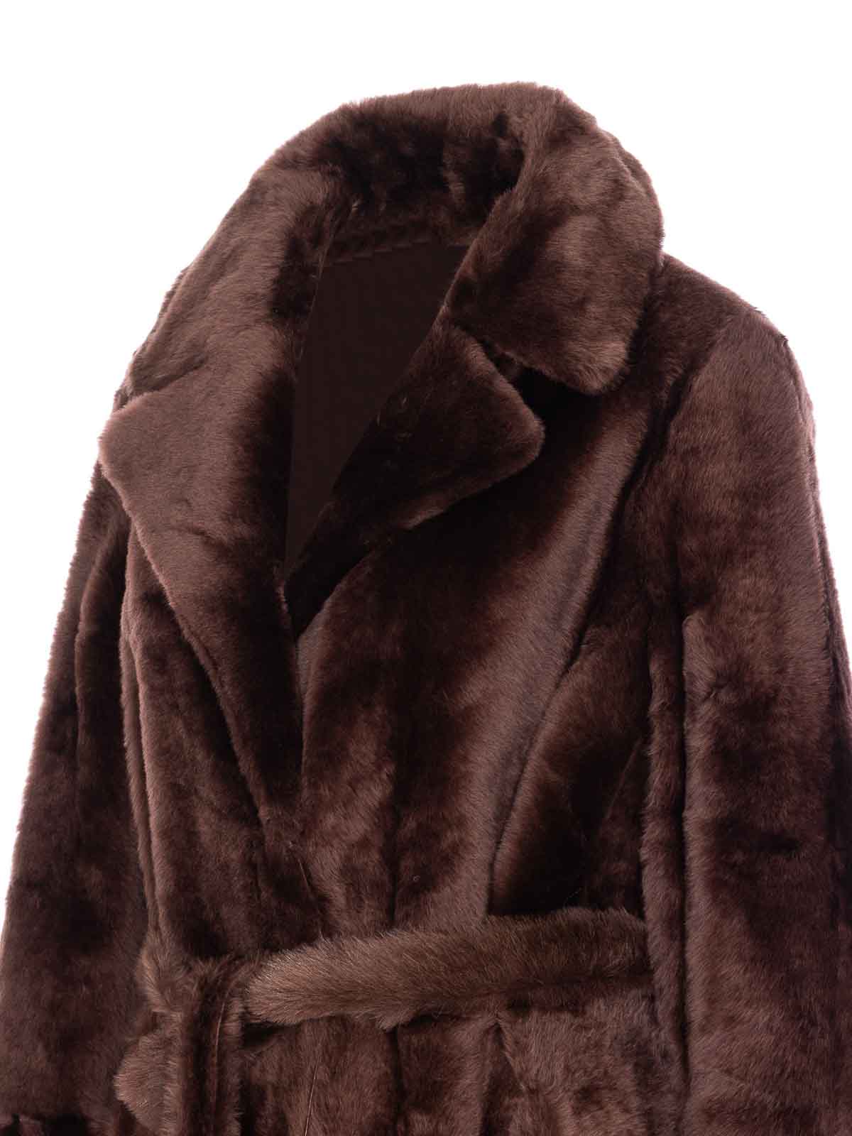 Yves Salomon Belted Faux Fur Long Coat With Pockets In Brown