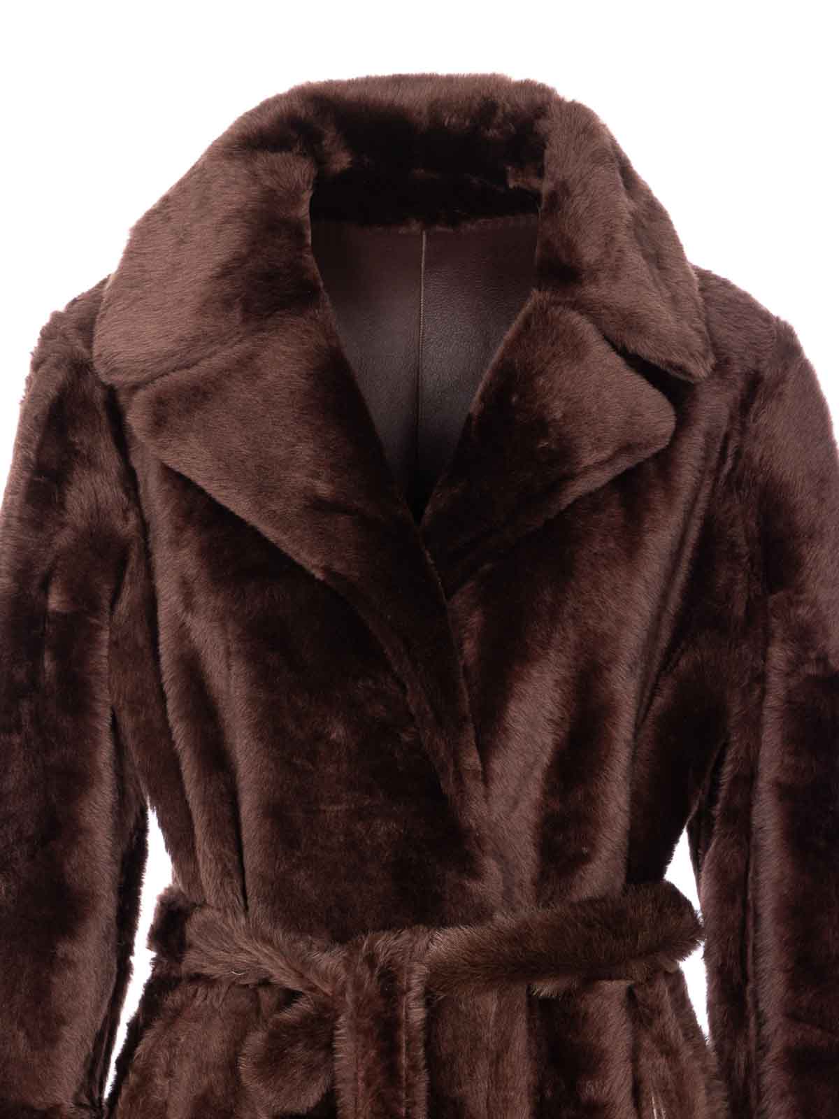 Yves Salomon Belted Faux Fur Long Coat With Pockets In Brown