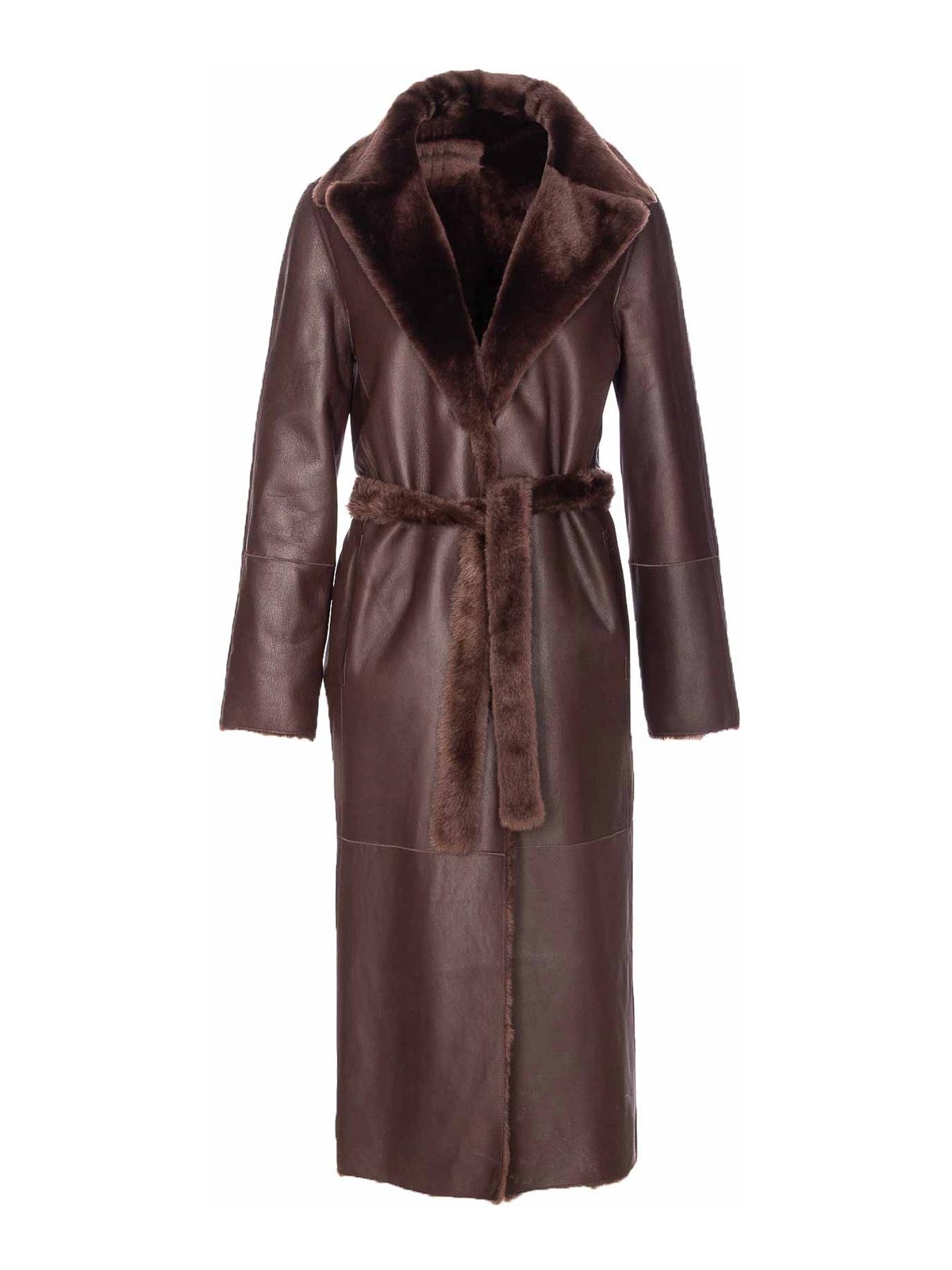 Yves Salomon Belted Faux Fur Long Coat With Pockets In Brown