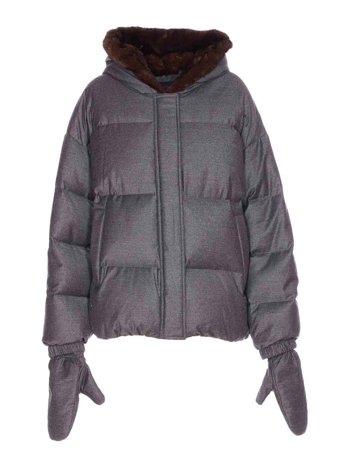 Yves Salomon Wool Short Down Jacket With Fur Hood Clothing In Gray
