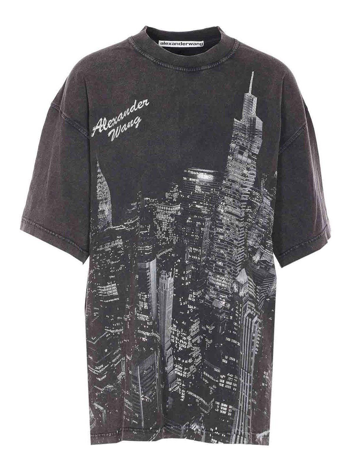 Alexander Wang Women T-shirt With Thermo-applied Rhinestones And Ny Skyline In Black