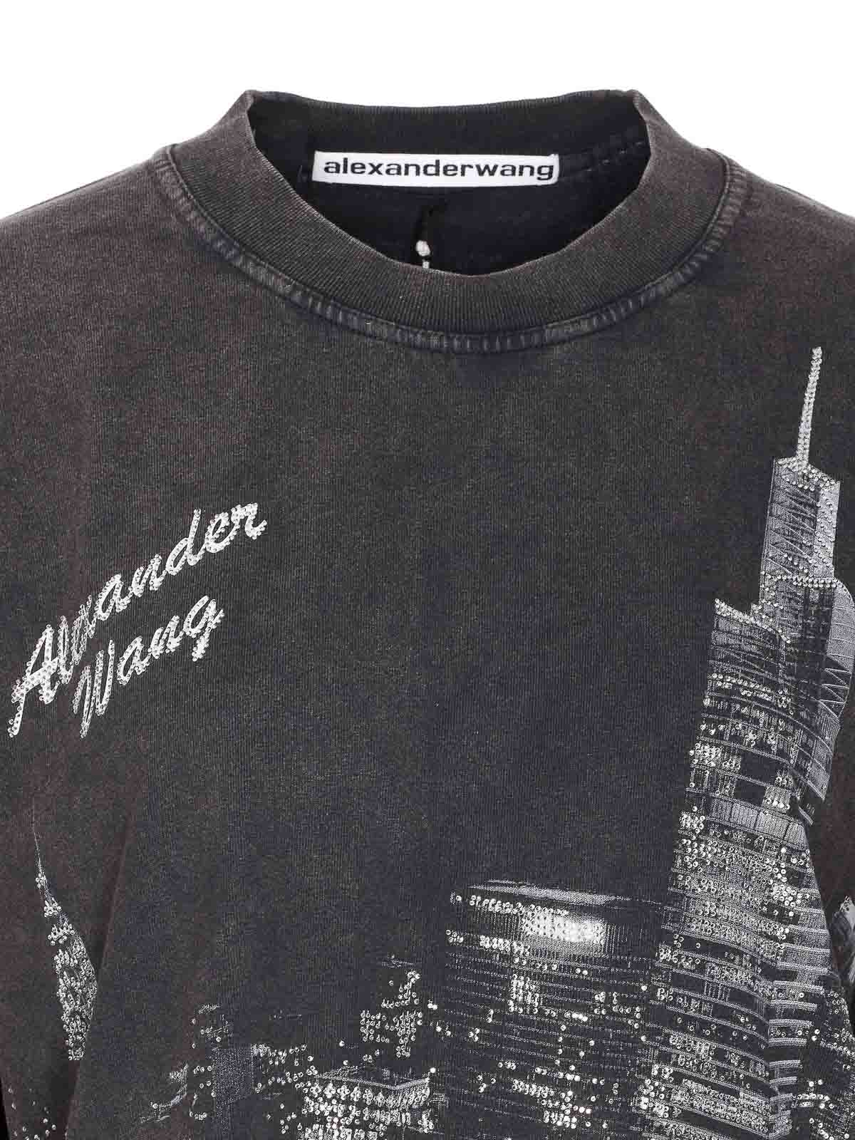 Alexander Wang Women T-shirt With Thermo-applied Rhinestones And Ny Skyline In Black