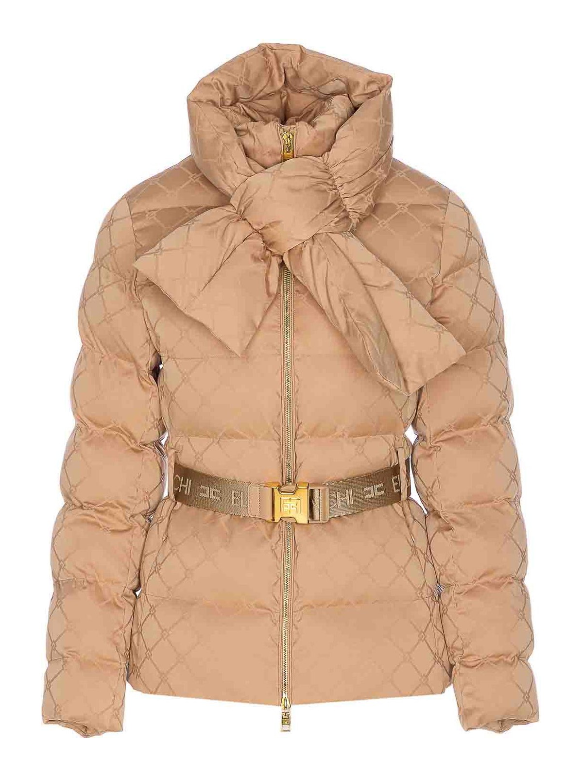 Elisabetta Franchi Piumino In Tessuto Vela Jacquard Con Cintura Honey In Nude