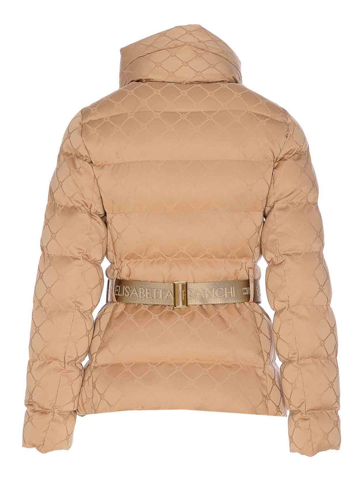 Elisabetta Franchi Piumino In Tessuto Vela Jacquard Con Cintura Honey In Nude