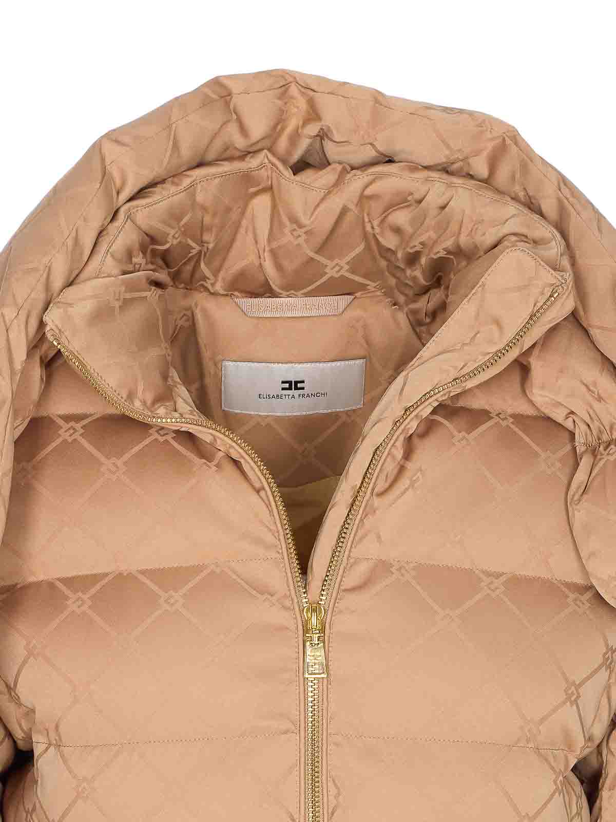 Elisabetta Franchi Piumino In Tessuto Vela Jacquard Con Cintura Honey In Nude