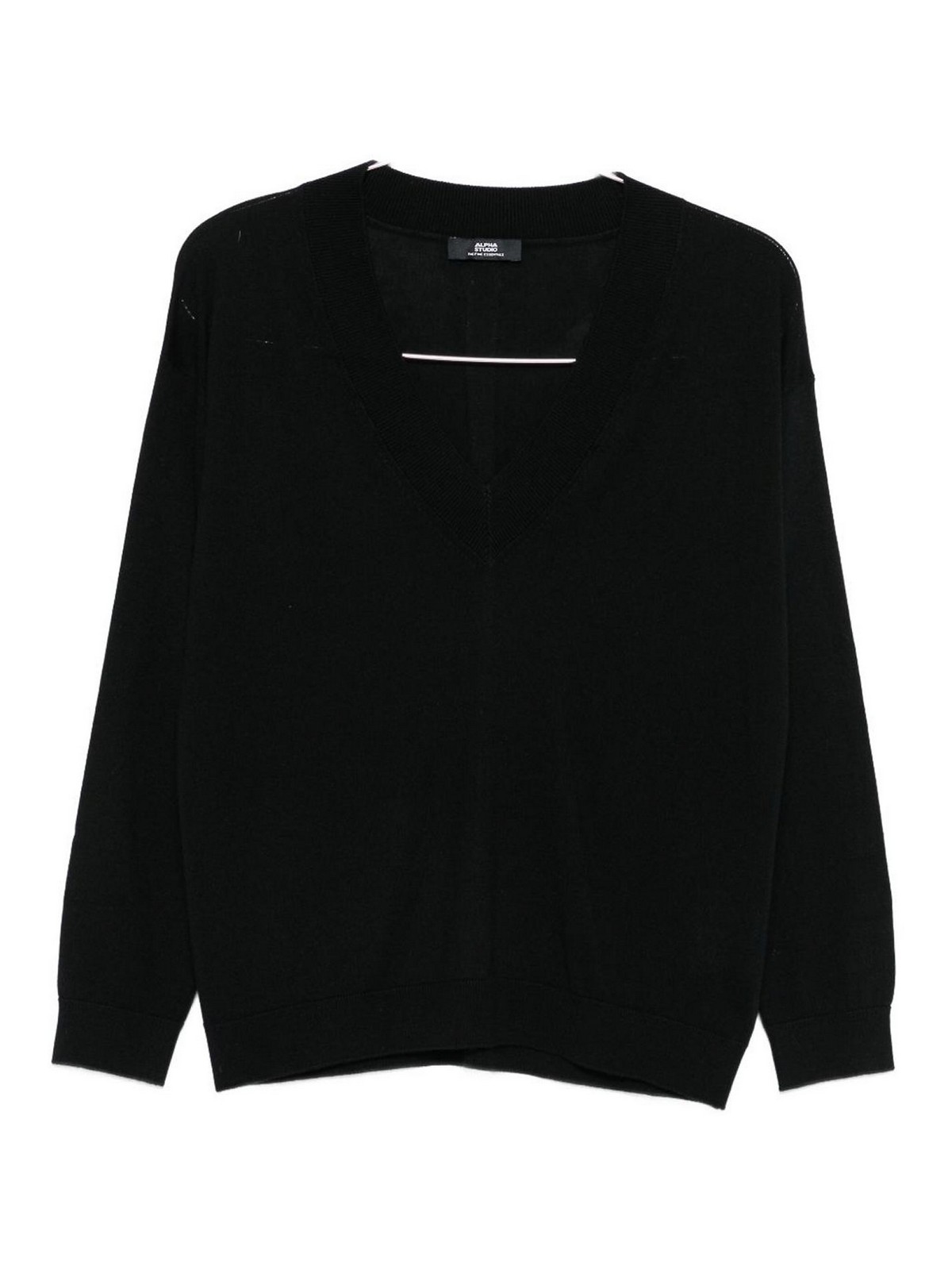 Alpha Studio Black V-neck Sweater In Silk-cashmere Blend In Black