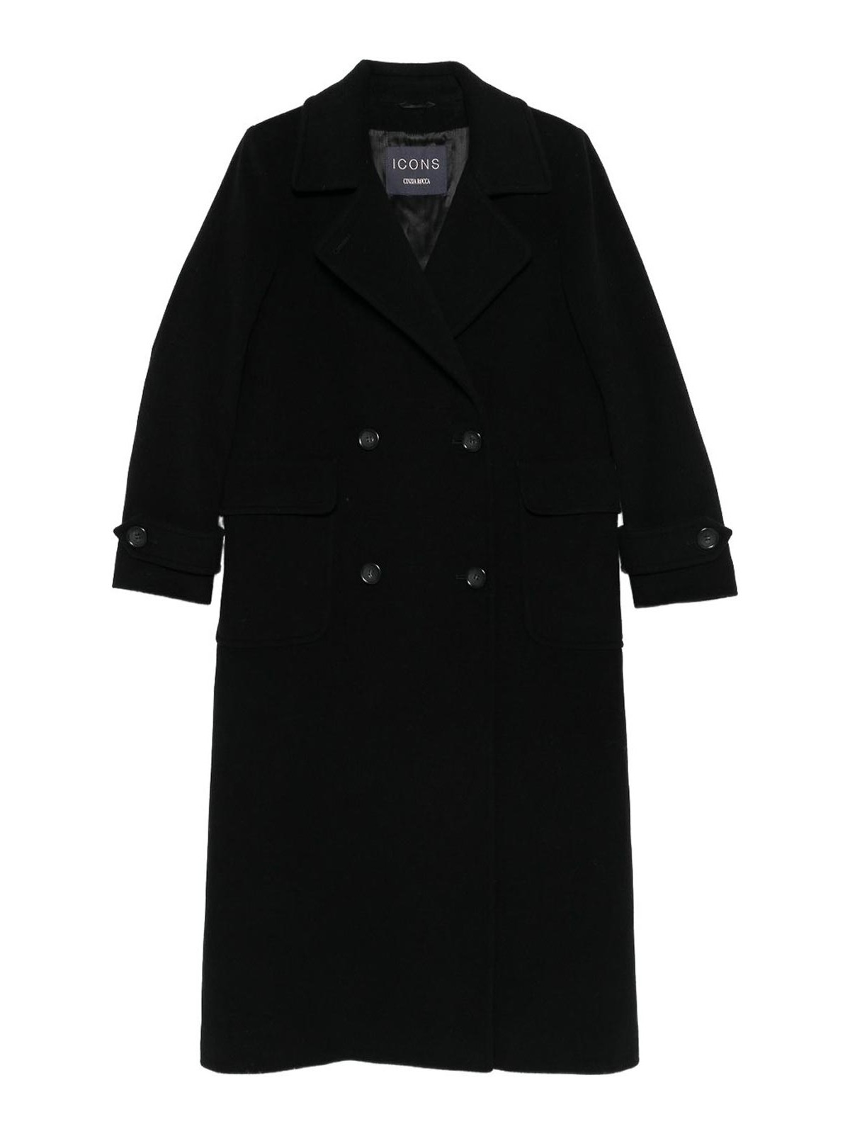 Cinzia Rocca Double-breasted Long Coat In Wool-cashmere Blend In Black