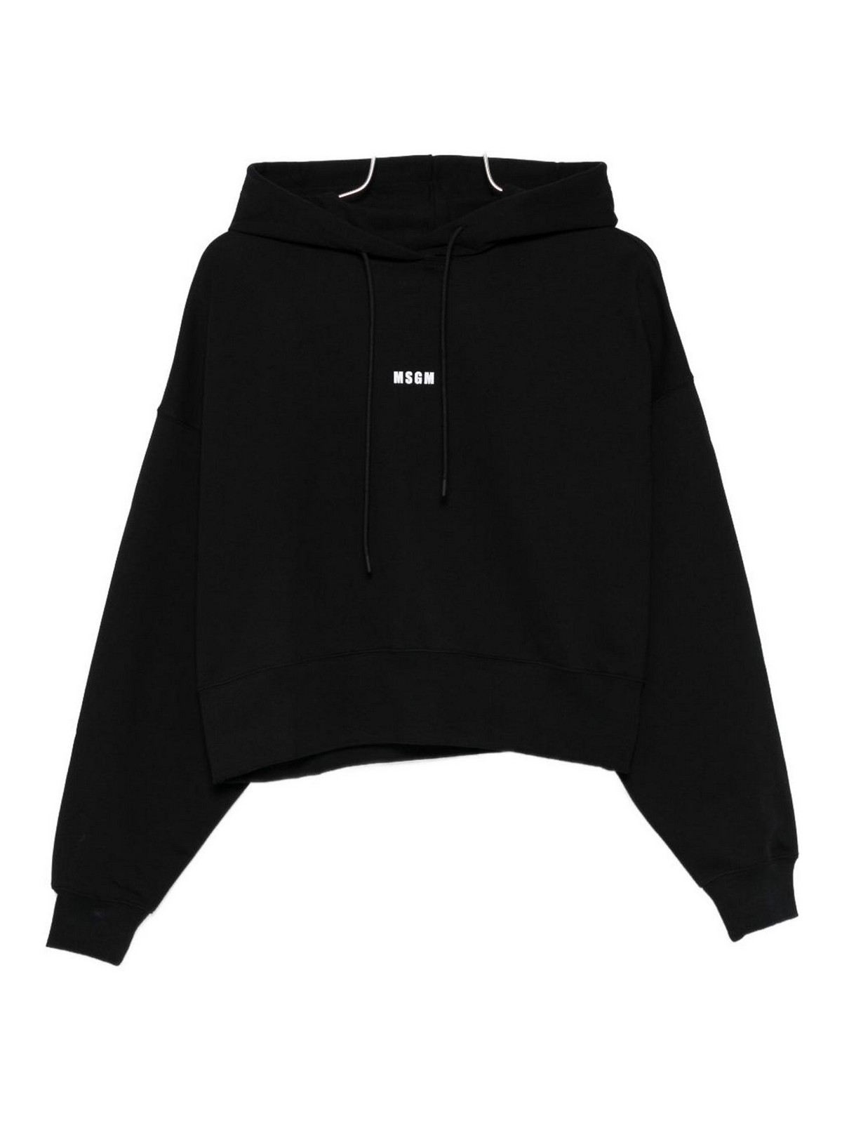 Msgm Cropped Black Sweatshirt With Drawstring Hood In Black