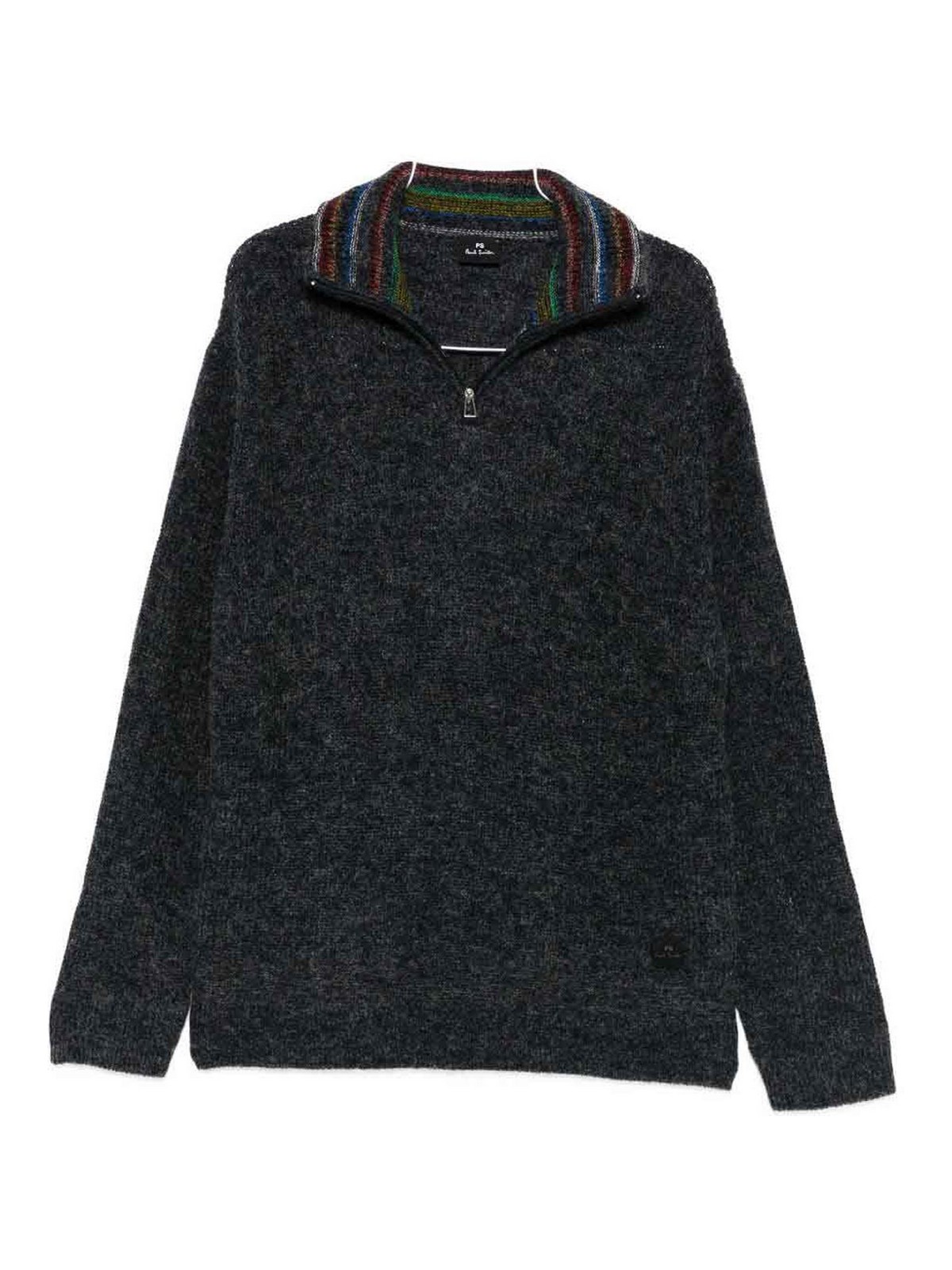 Paul Smith Half-zip Charcoal Knit Sweatshirt With Striped Collar In Gray