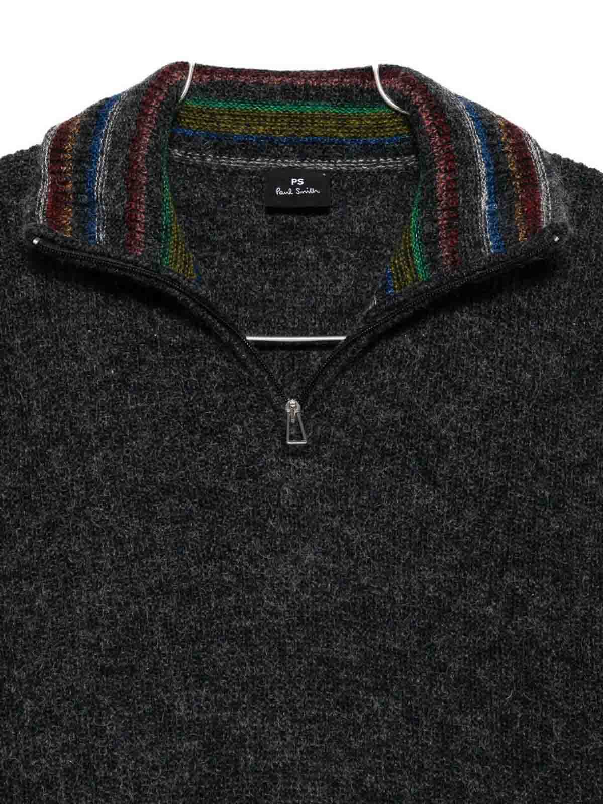 Paul Smith Half-zip Charcoal Knit Sweatshirt With Striped Collar In Gray