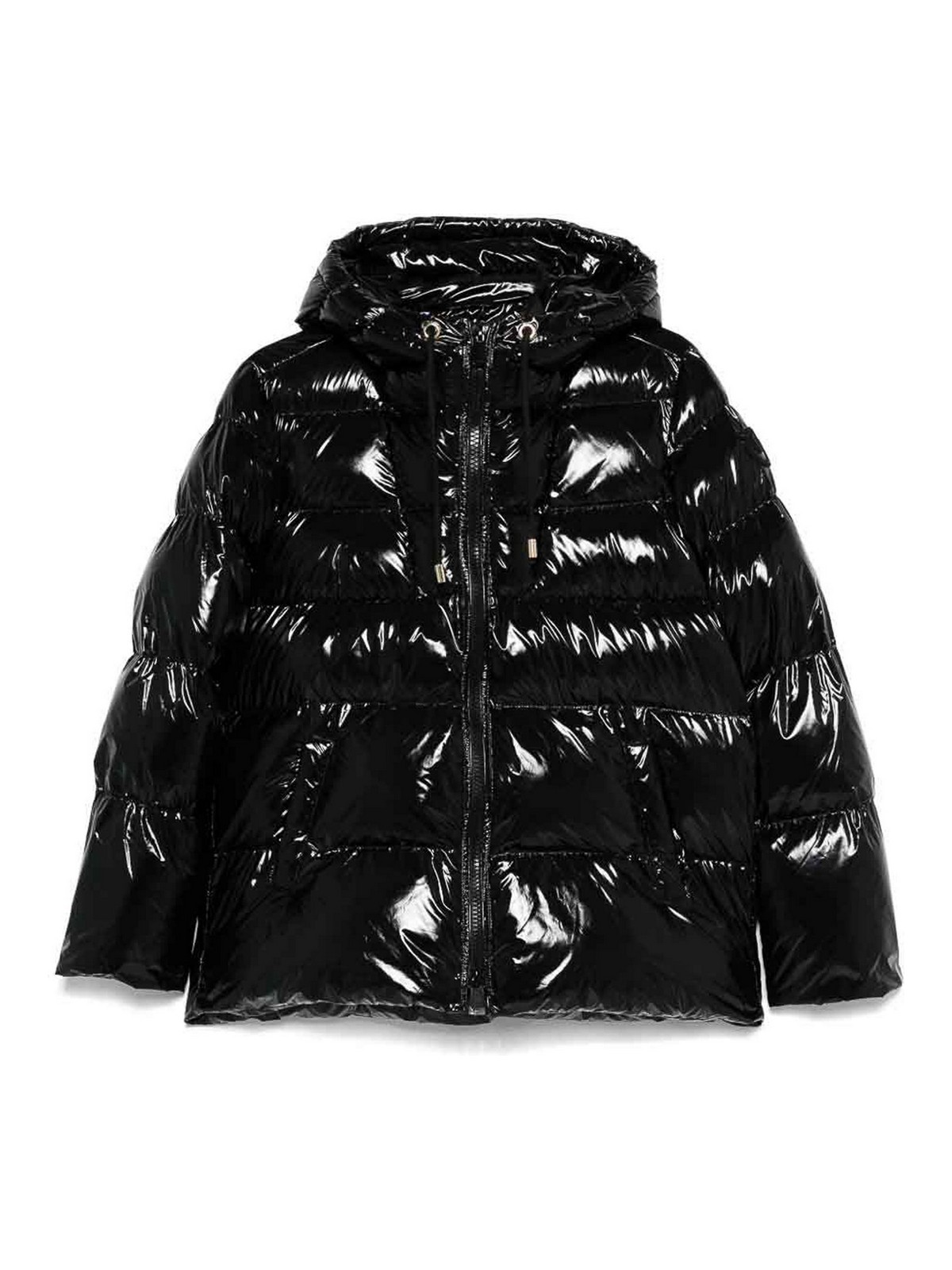 Pinko Oversized Black Puffy Coat With Glossy Finish And Hood In Black