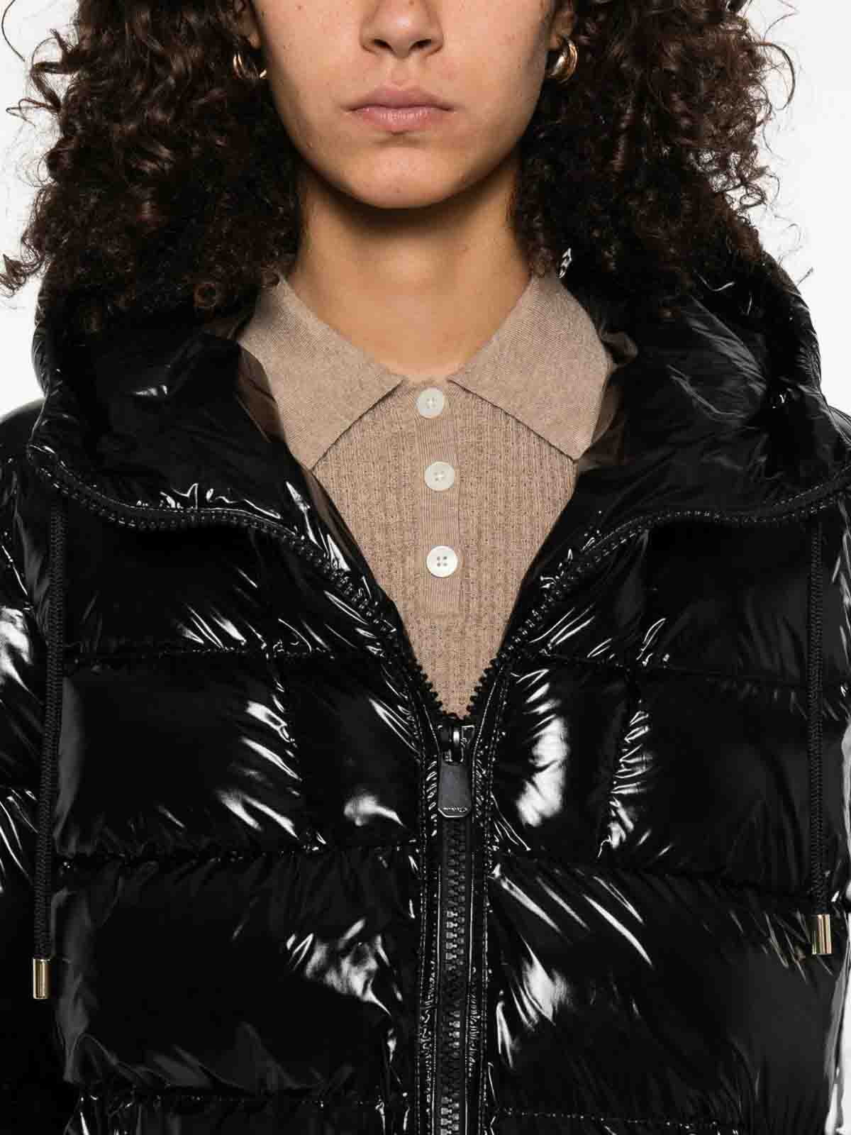 Pinko Oversized Black Puffy Coat With Glossy Finish And Hood In Black