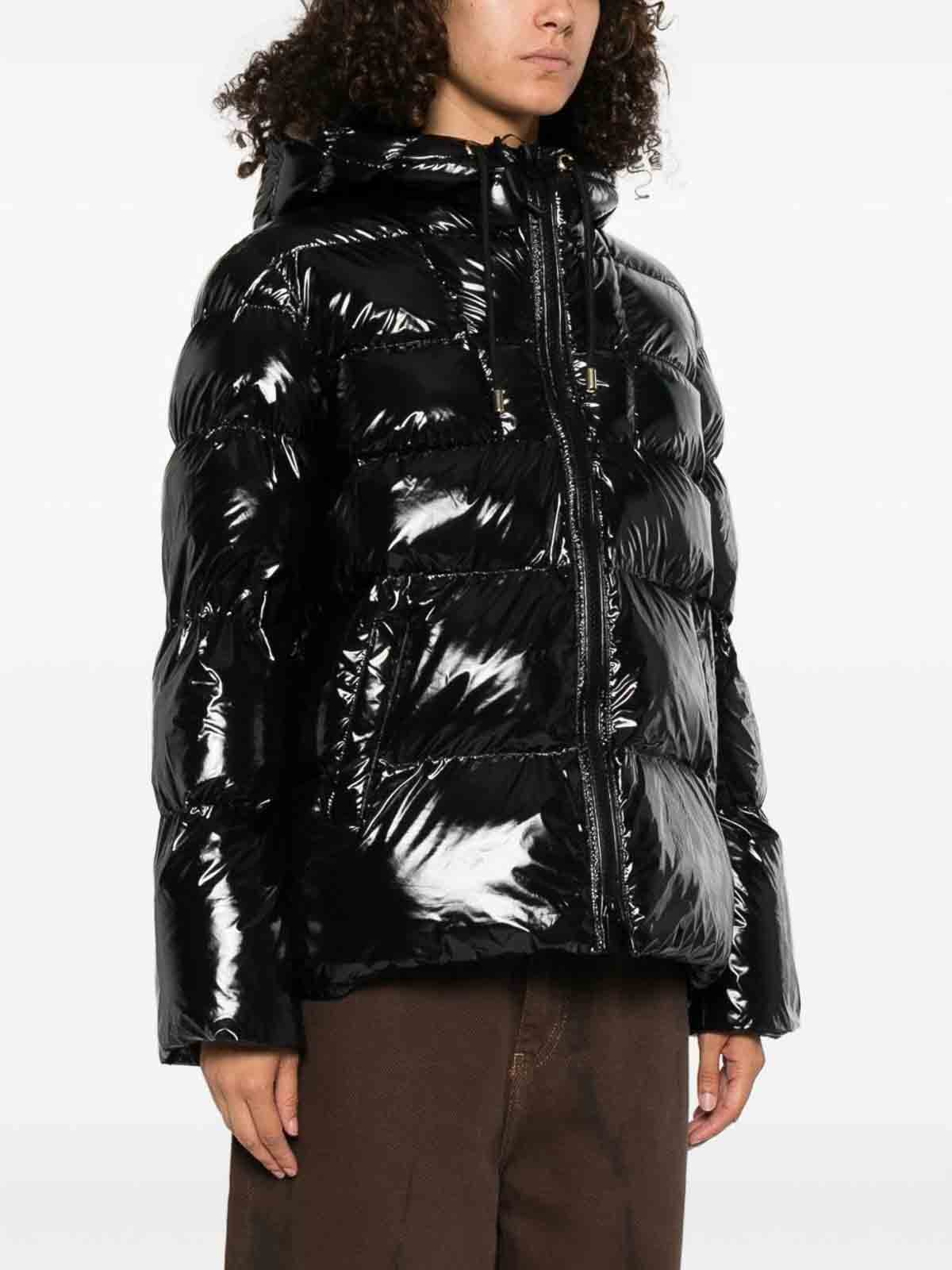 Pinko Oversized Black Puffy Coat With Glossy Finish And Hood In Black