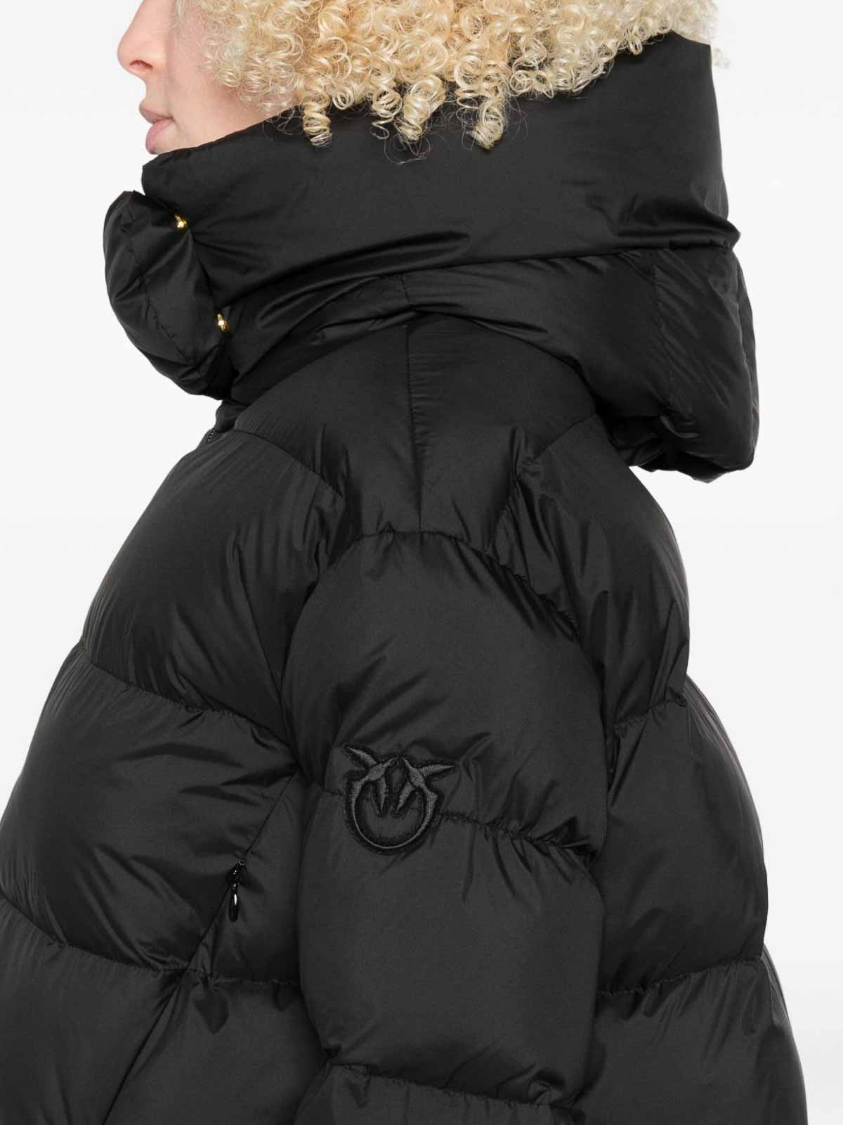 Pinko Quilted Black Coat With High Neck And Logo Patch In Black