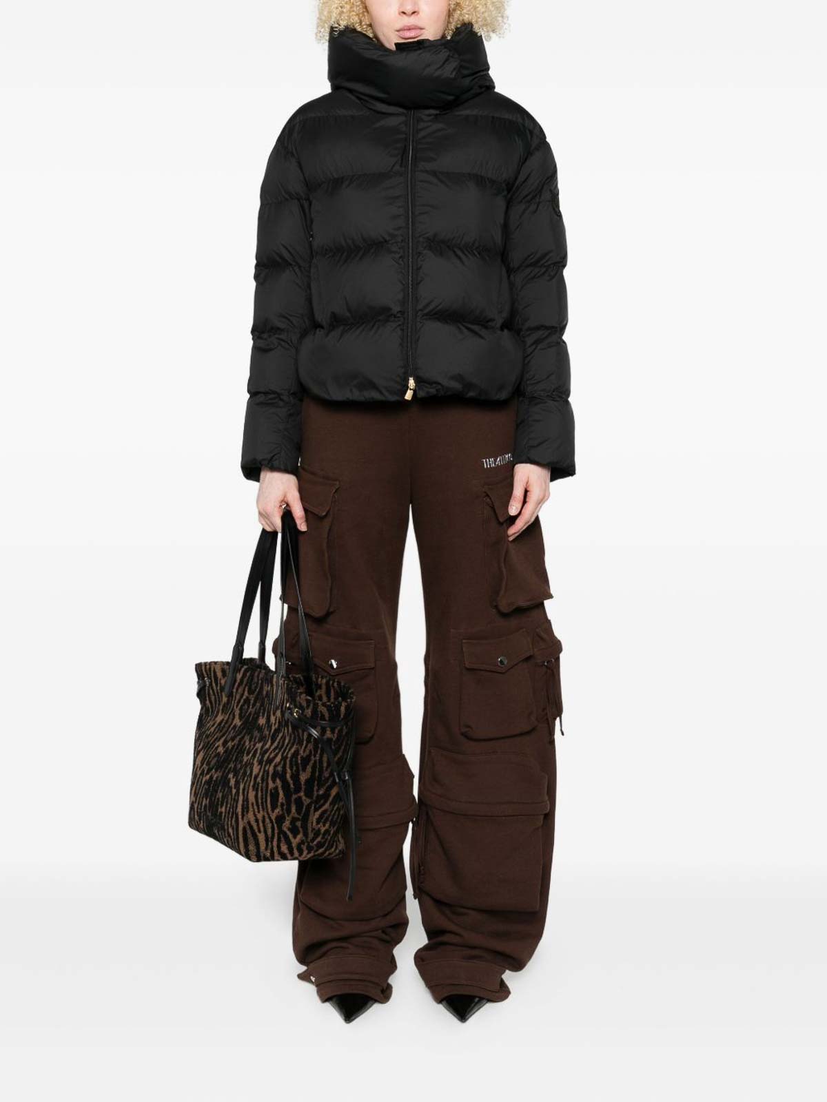 Pinko Quilted Black Coat With High Neck And Logo Patch In Black