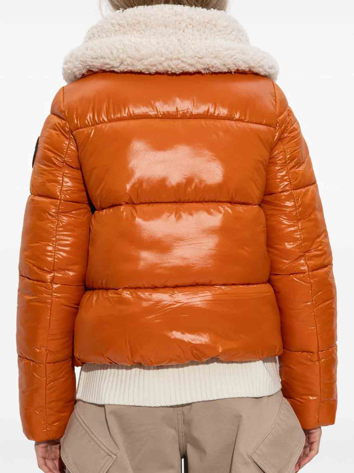 Save The Duck Glossy Padded Short Jacket With Shearling-lined Collar In Orange