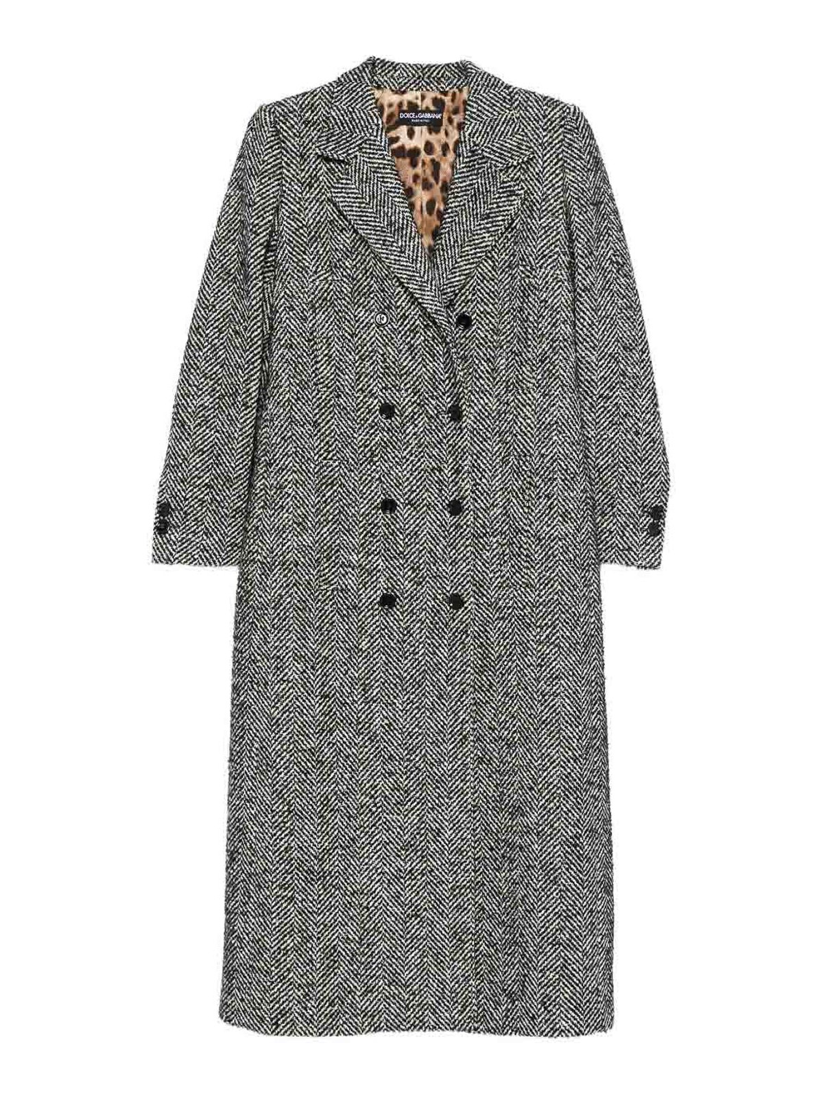 Dolce & Gabbana Herringbone Double-breasted Coat In Gray