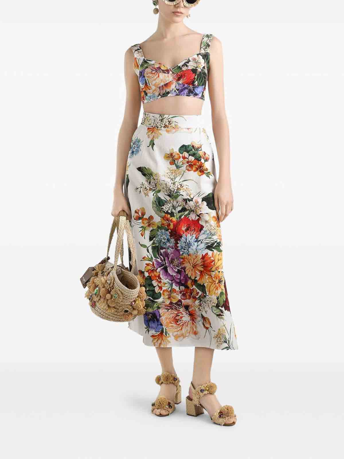 Dolce & Gabbana Flower Bouquet Print Midi Skirt In Multi