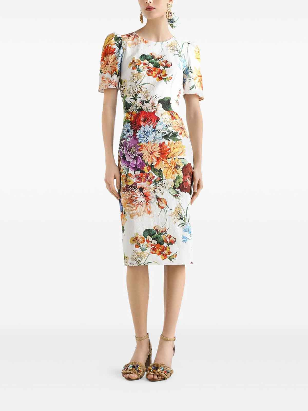 Dolce & Gabbana Midi Dress In Cretonne With A Bouquet Print In Multi
