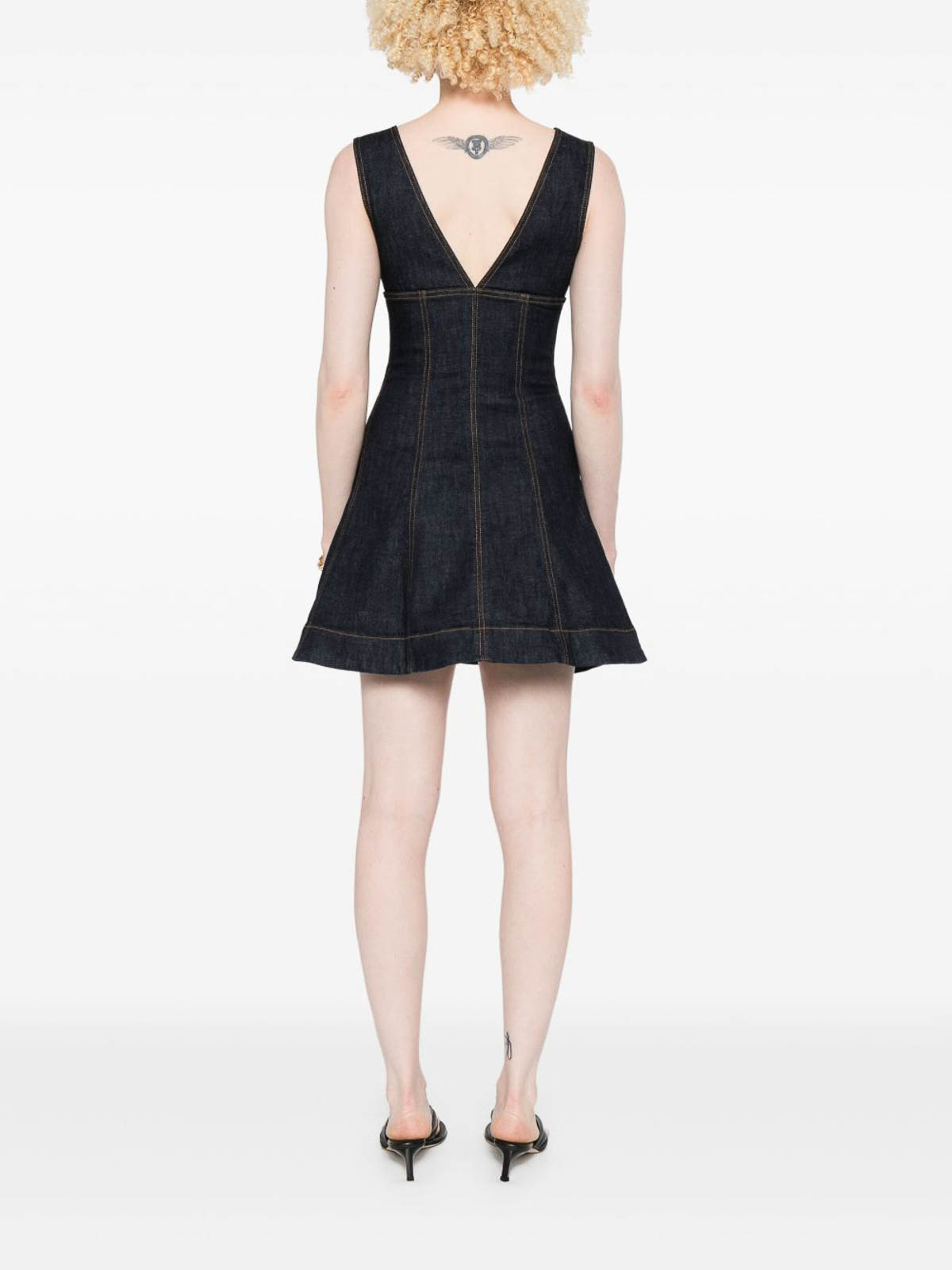 Self-portrait Dark Denim Mini Dress With Deep V-neckline In Black