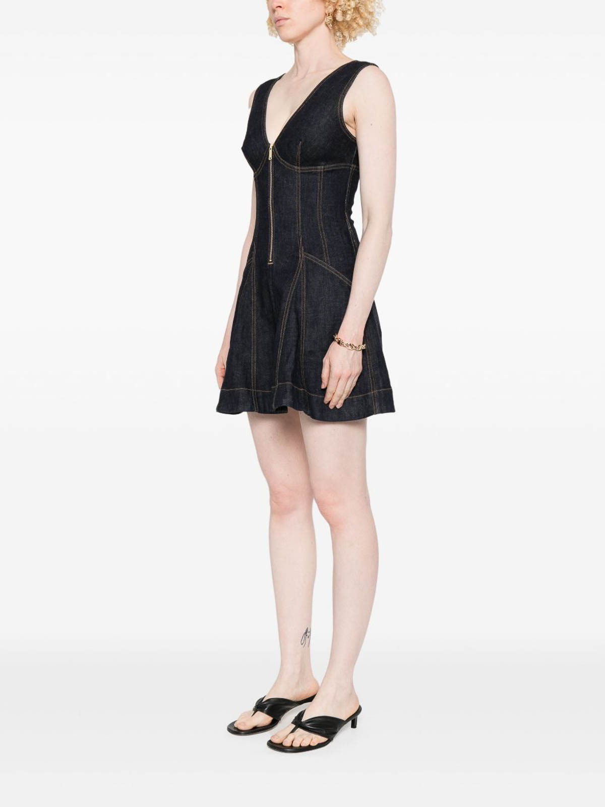 Self-portrait Dark Denim Mini Dress With Deep V-neckline In Black