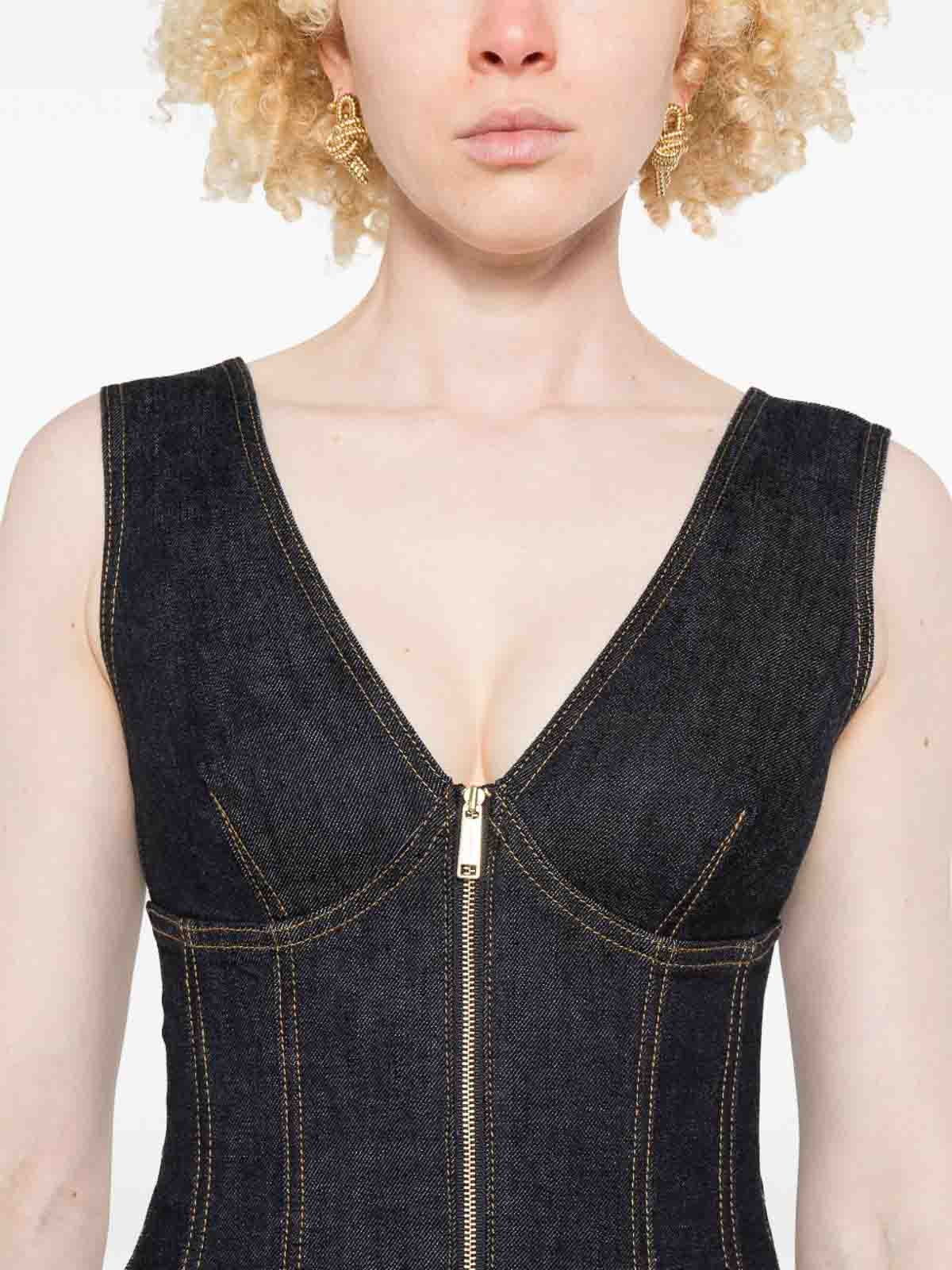 Self-portrait Dark Denim Mini Dress With Deep V-neckline In Black