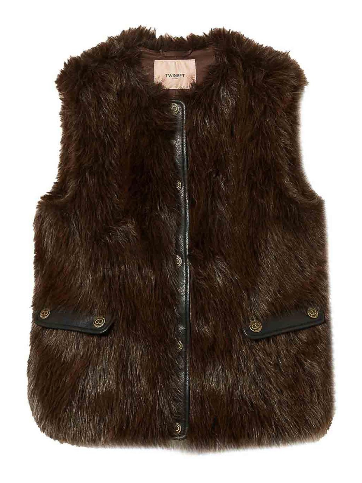 Twinset Faux-fur Buttoned Gilet In Brown
