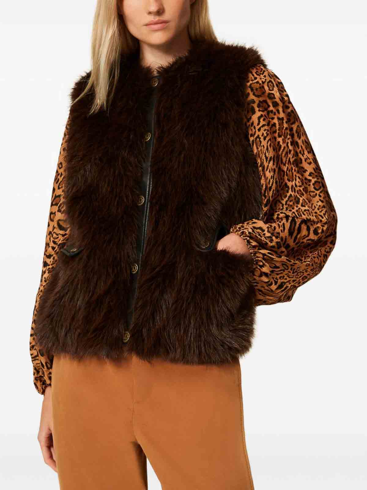 Twinset Faux-fur Buttoned Gilet In Brown