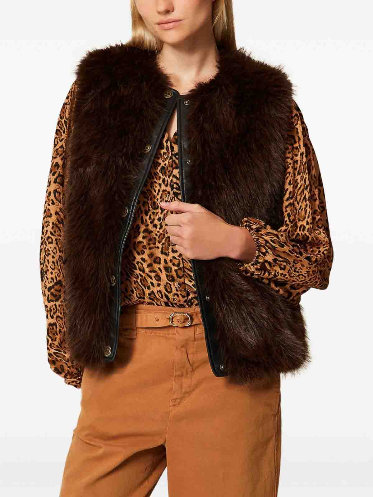 Twinset Faux-fur Buttoned Gilet In Brown