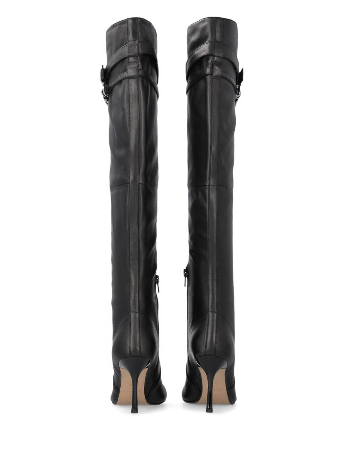 Pinko Pointed Toe Knee-high Boots With Decorative Straps In Black