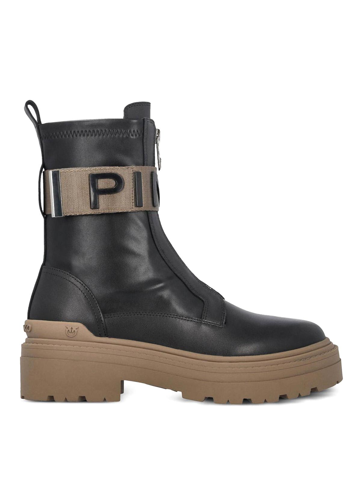 Pinko Stretch Leather Biker Lace-up With Gold Buckle In Black