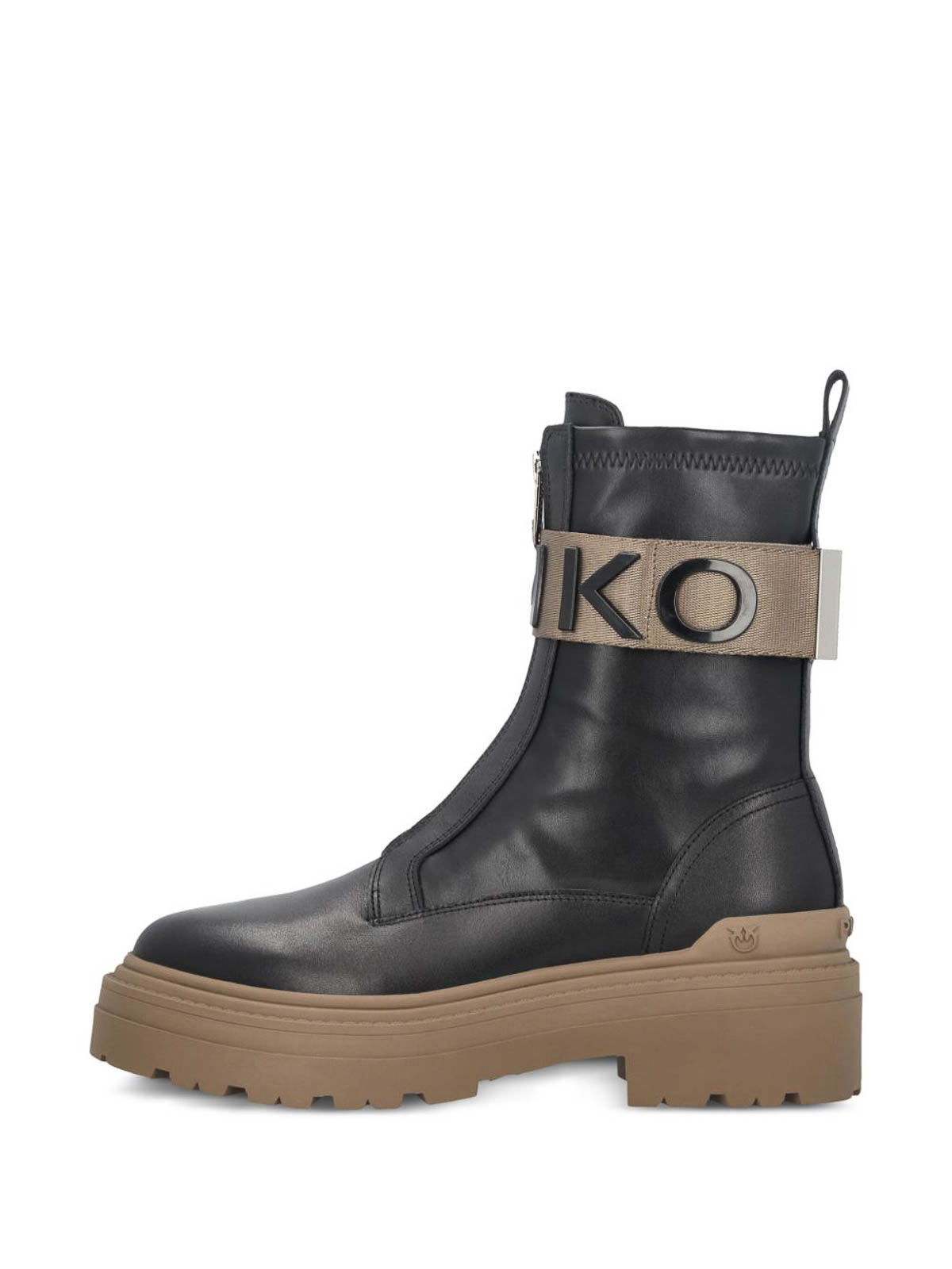Pinko Stretch Leather Biker Lace-up With Gold Buckle In Black