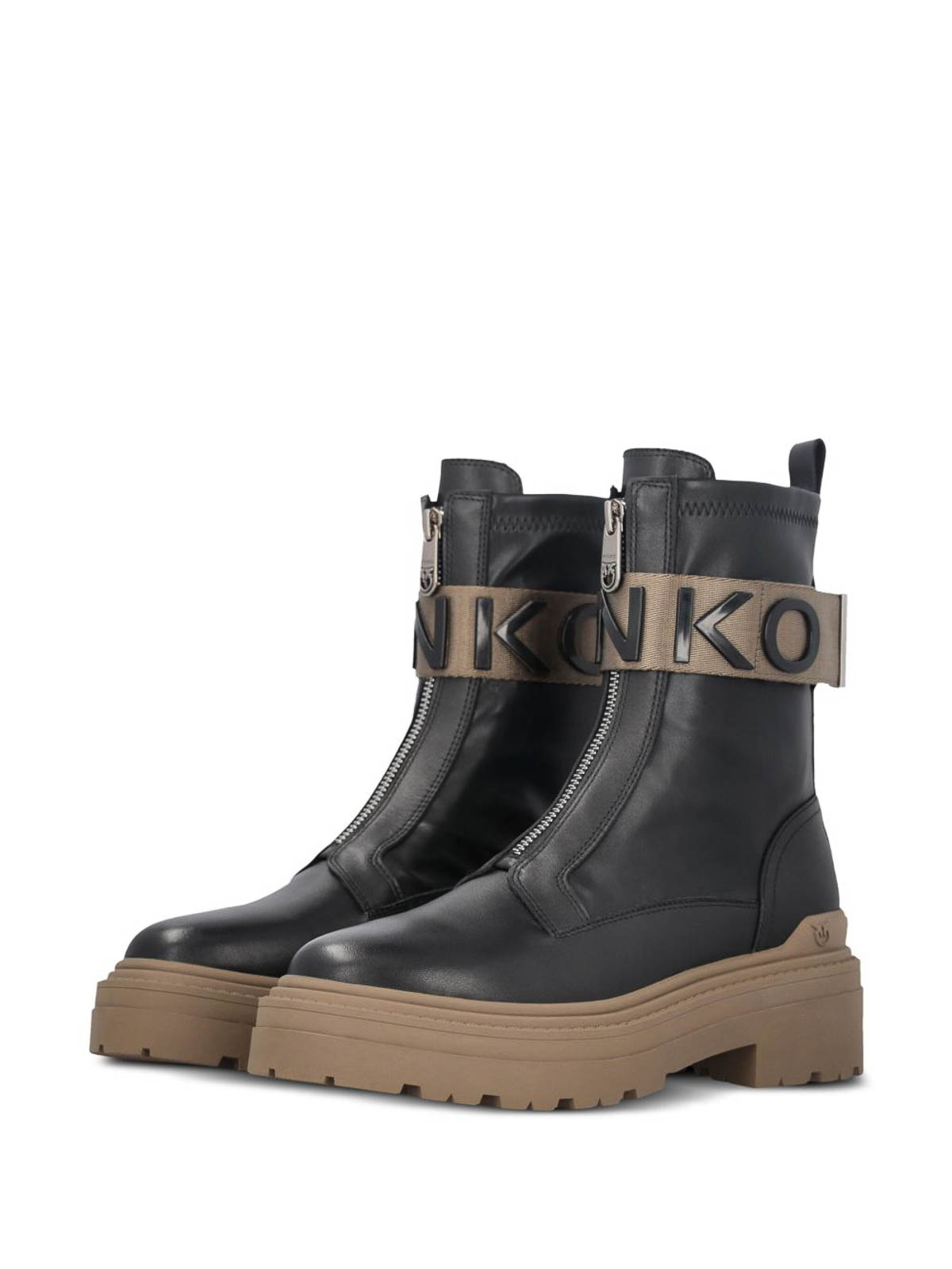 Pinko Stretch Leather Biker Lace-up With Gold Buckle In Black
