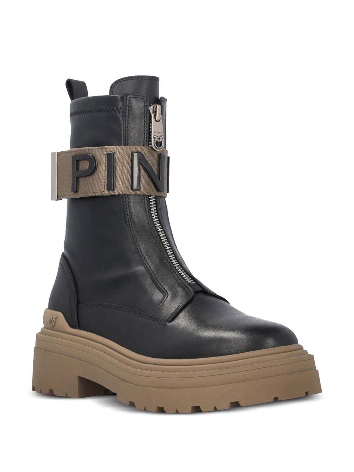 Pinko Stretch Leather Biker Lace-up With Gold Buckle In Black