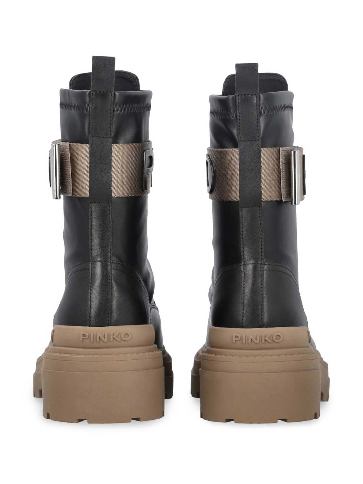 Pinko Stretch Leather Biker Lace-up With Gold Buckle In Black
