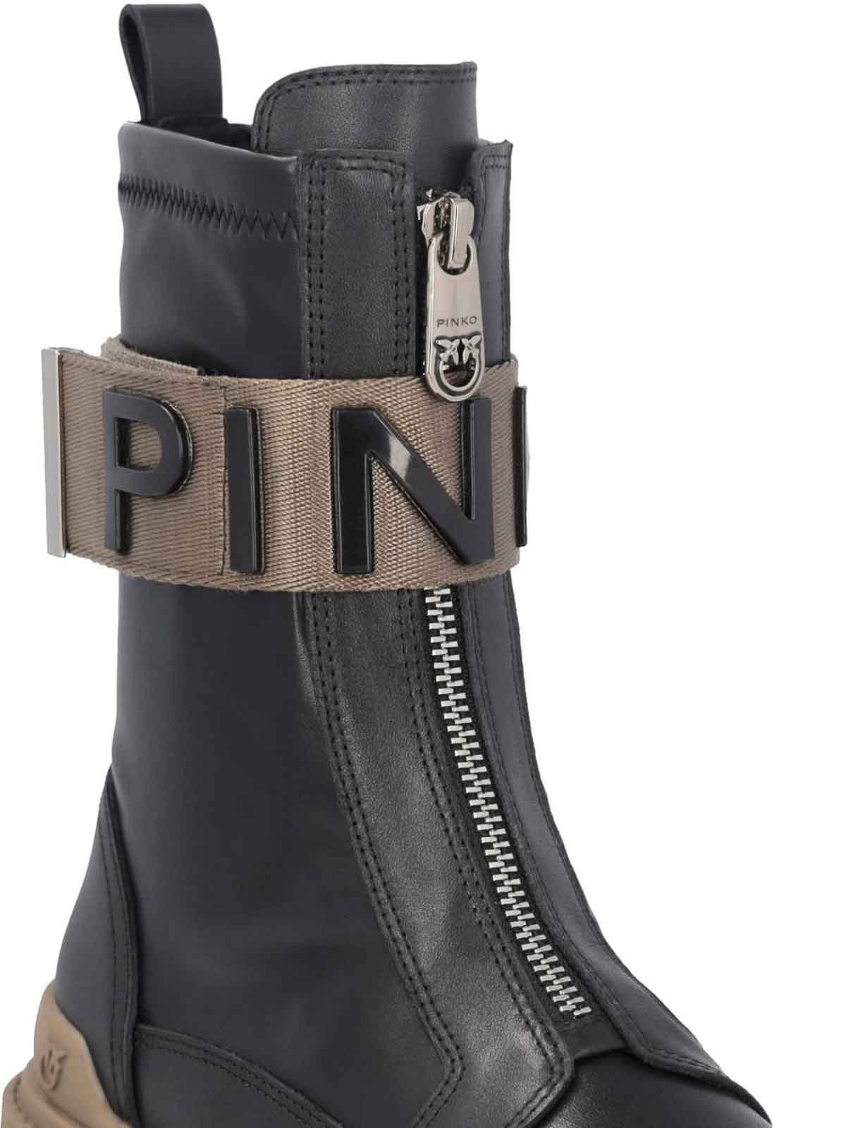 Pinko Stretch Leather Biker Lace-up With Gold Buckle In Black