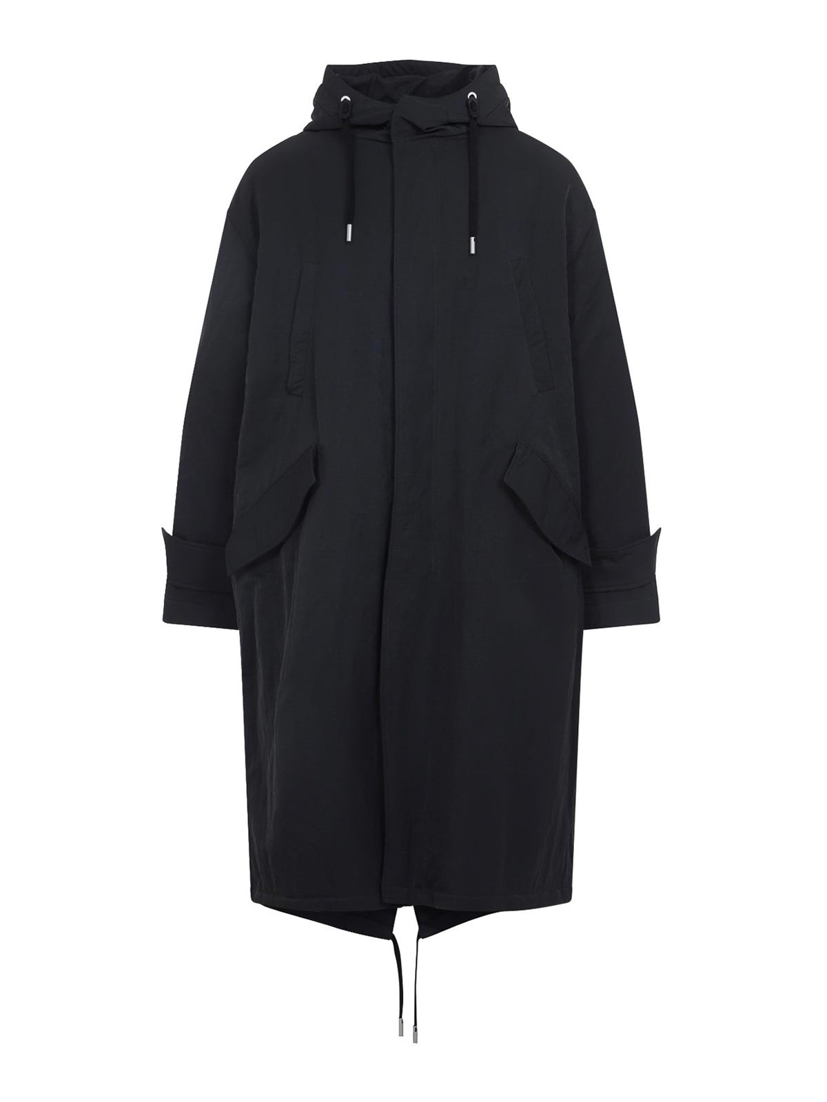 Ami Alexandre Mattiussi Long Grey Polyamide Jacket With Adjustable Hood And Flap Pockets In Black